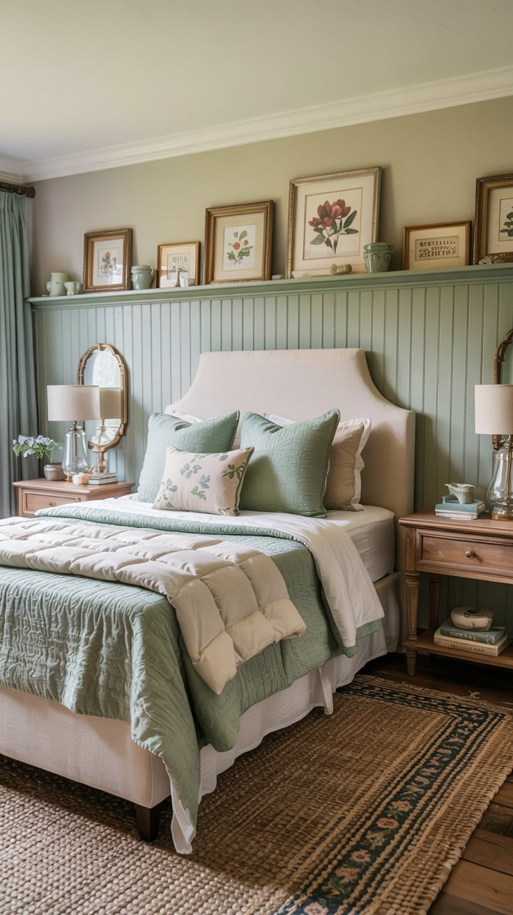 A cozy cottagecore bedroom with a beige upholstered bed, green and white bedding, wooden nightstands, table lamps, and floral art on a sage green paneled wall with a shelf holding small decor and framed pictures.