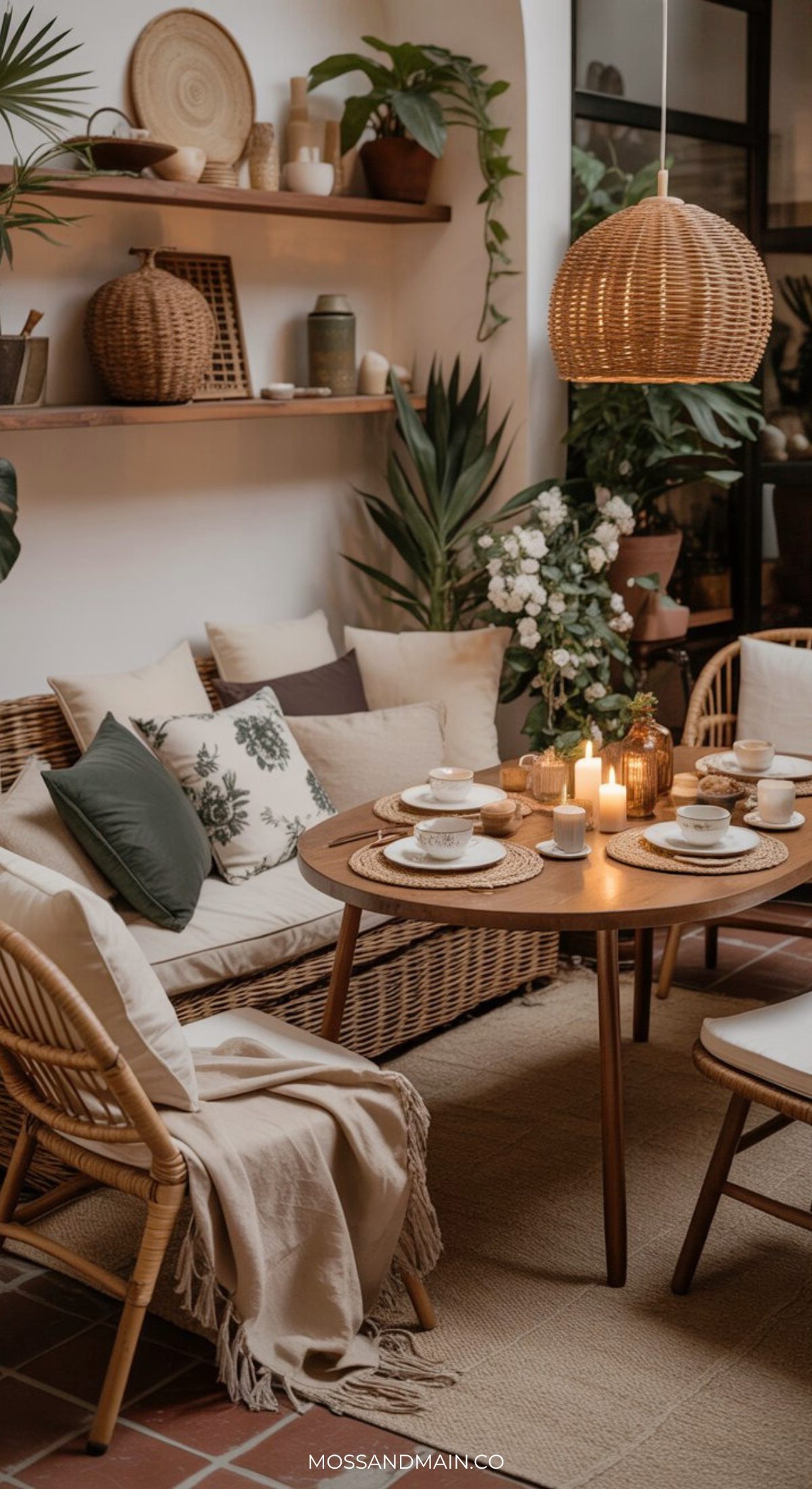 Cozy boho dining nook with wicker furniture, earth-toned cushions, and a round wooden table set for four—candles, plants, pottery decor, and a woven pendant lamp complete this stylish dining room’s warm, inviting atmosphere.