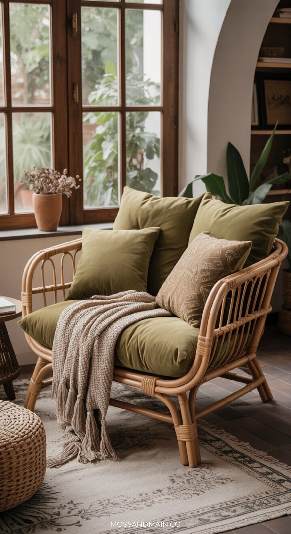 A cozy rattan chair with olive green cushions, two pillows, and a beige knit throw sits by large windows. A dried flower arrangement and houseplants enhance the cozy aesthetic of this sunlit, earthy living room.