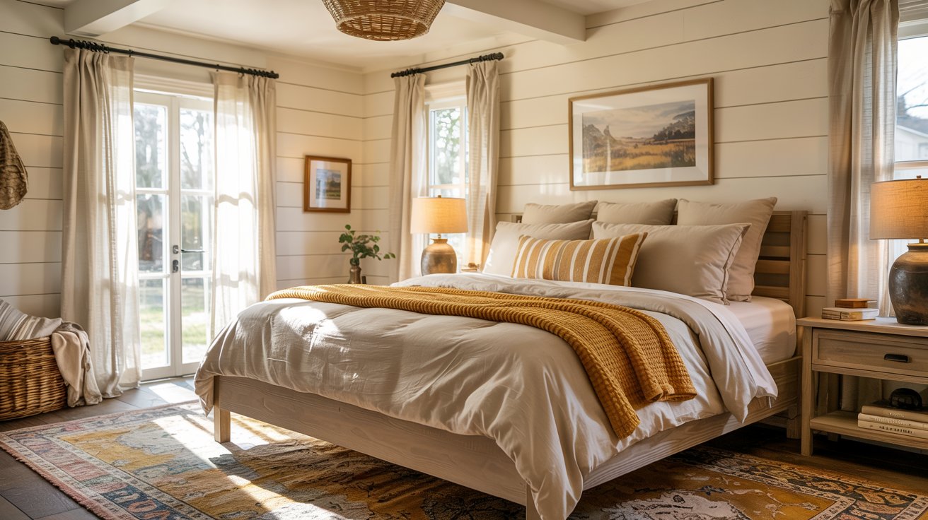 A cozy bedroom with a wooden bed topped with white and yellow bedding, flanked by lamps on bedside tables. Sunlight streams through sheer curtains, and nature-themed art decorates the walls in this warm modern farmhouse bedroom.