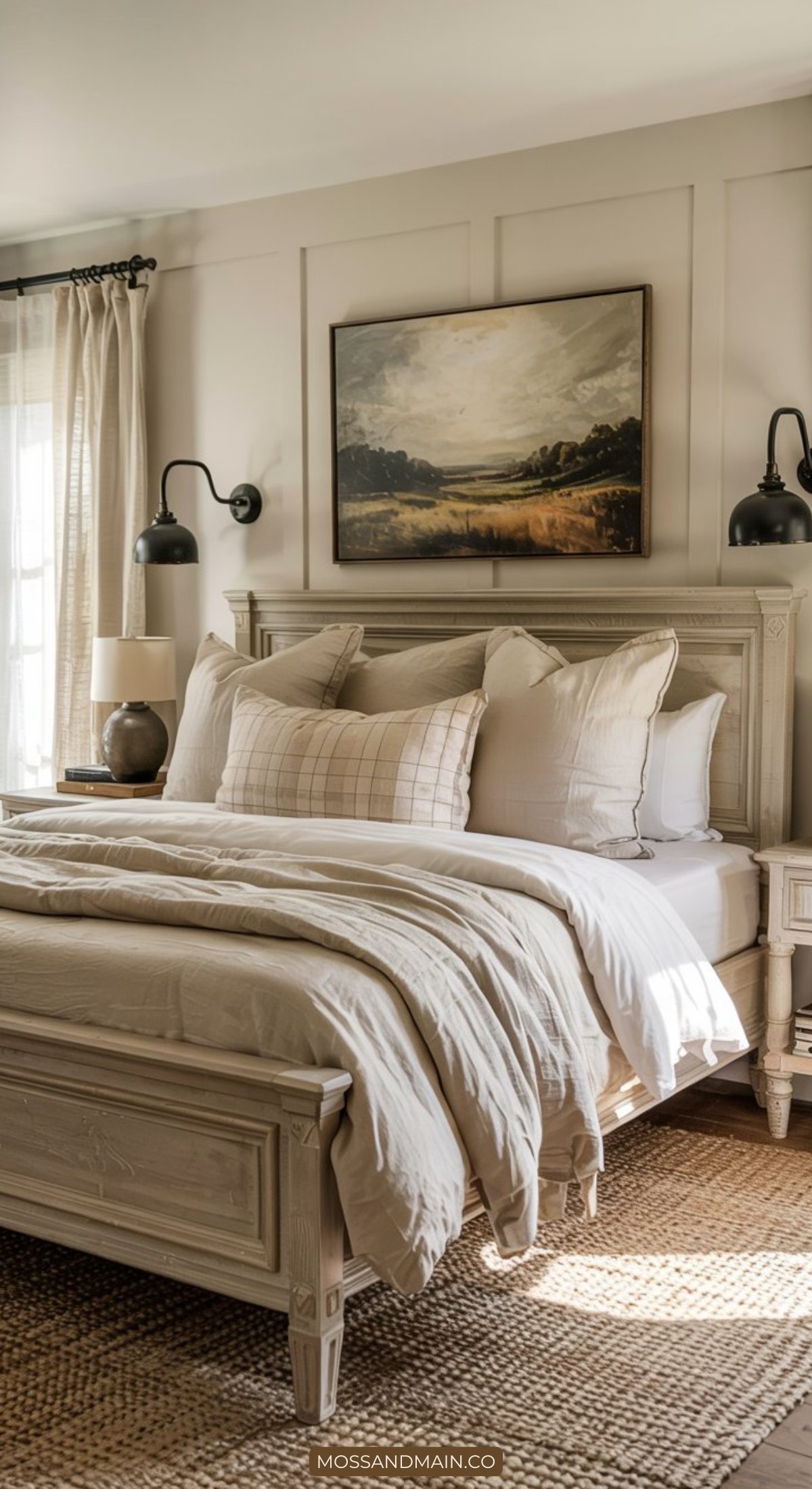 A cozy, sunlit bedroom with a neatly made bed in neutral tones, flanked by black wall-mounted lamps. Perfect for fans of modern farmhouse bedrooms, it features a landscape painting above the headboard and light curtains framing the window.