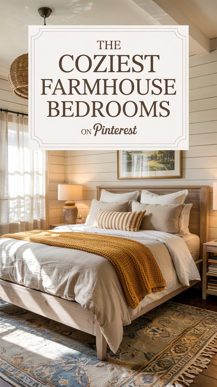 A cozy farmhouse bedroom with a wooden bed, white and beige bedding, a mustard yellow knit throw, soft lighting, rustic decor, and a large window with sheer curtains. Text overlay reads: The Coziest Modern Farmhouse Bedrooms on Pinterest.
