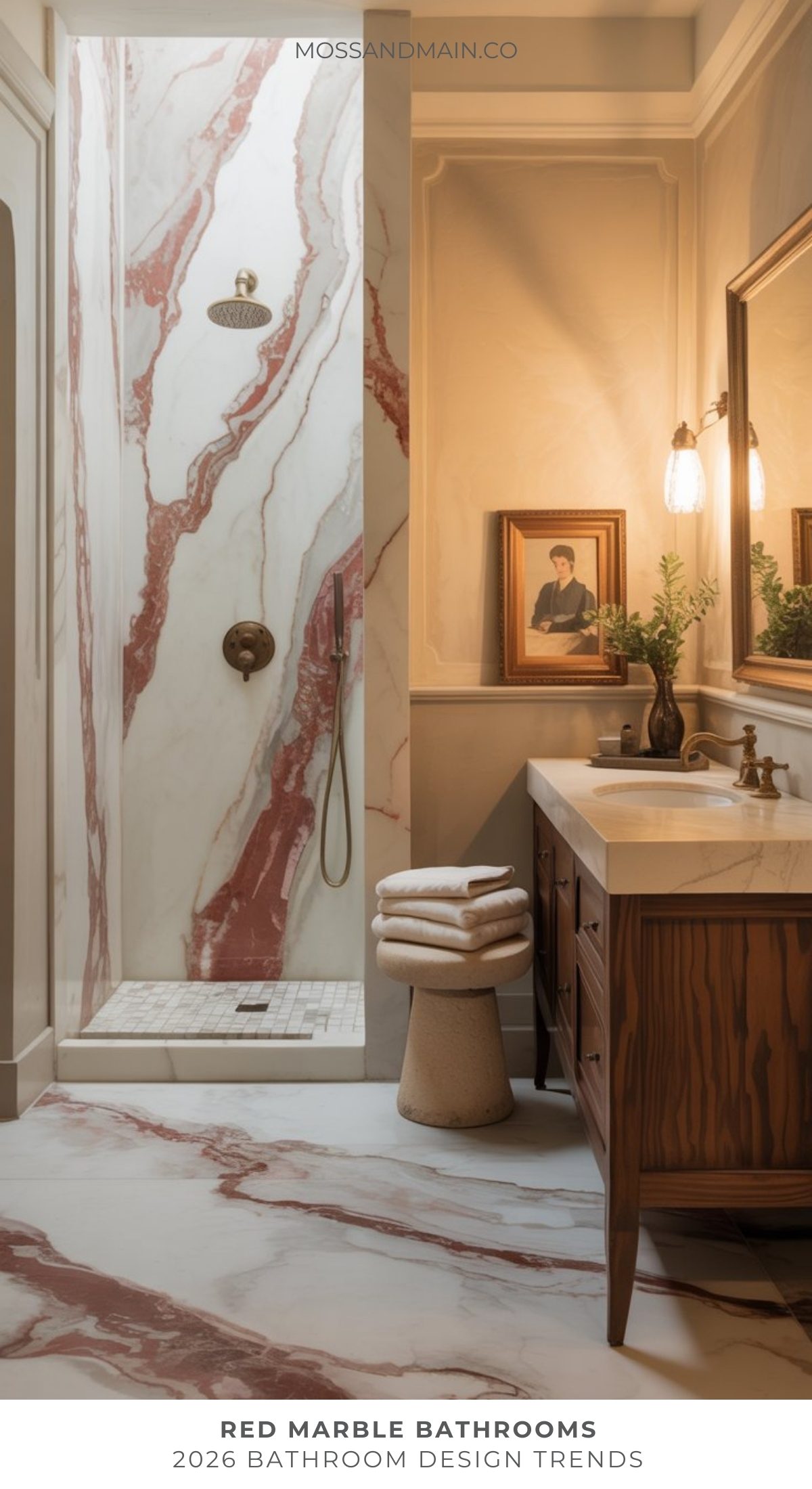 A bold bathroom trend, this space features striking red and white marble in the shower, a wooden vanity with a marble countertop, a cushioned stool stacked with towels, wall sconces, and a framed portrait on a beige wall.