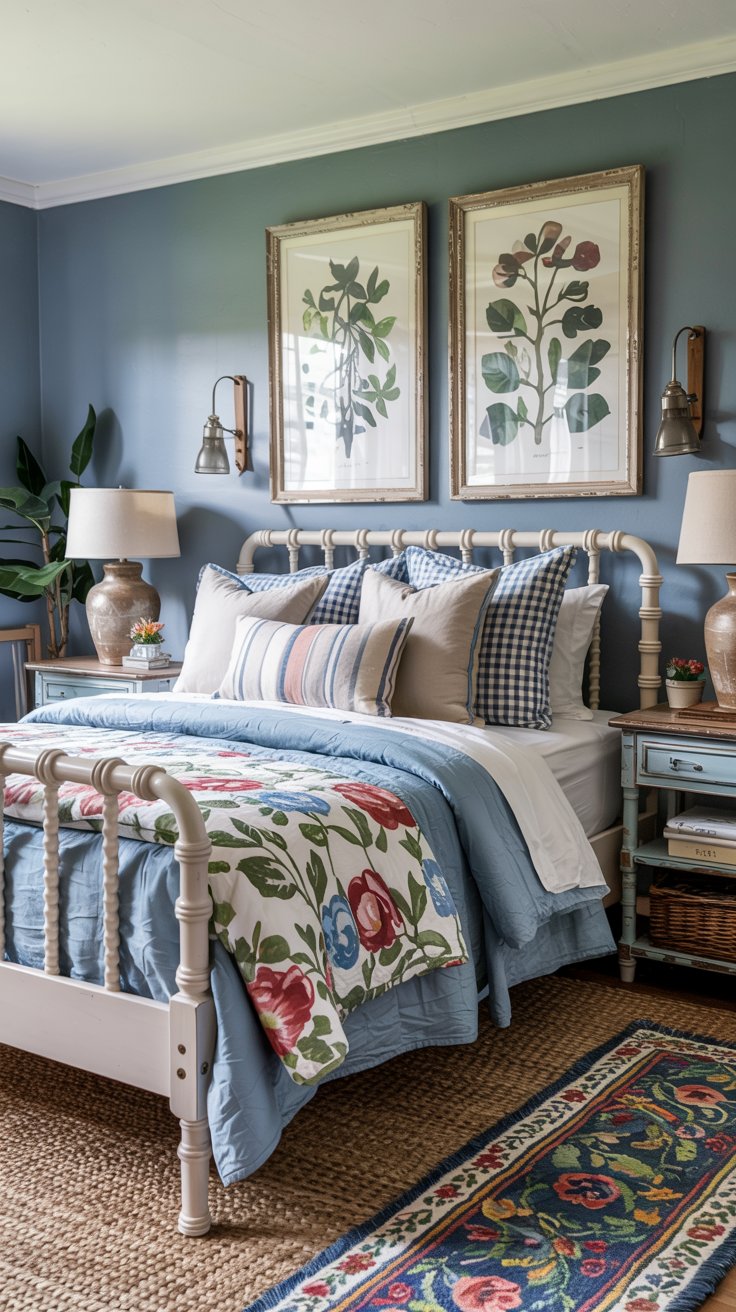 A cozy blue cottagecore bedroom with a metal bed frame, botanical prints above the bed, layered pillows, floral bedding, two bedside tables with lamps, and a colorful rug on a woven floor mat creates a calm bedroom retreat.