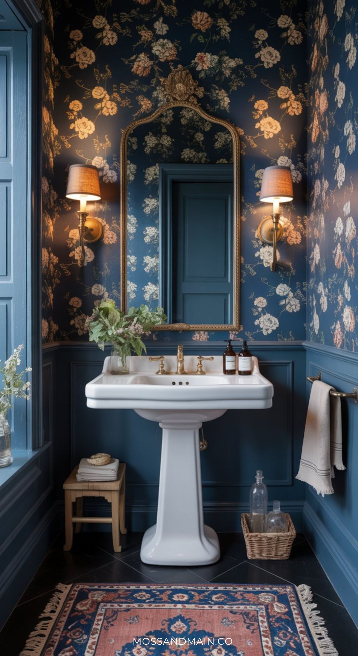 A stylish, moody bathroom with blue floral wallpaper, a white pedestal sink, gold-framed mirror, wall sconces, and elegant decor including plants, toiletries, towels, and woven baskets. Perfect for dramatic bathroom inspiration.