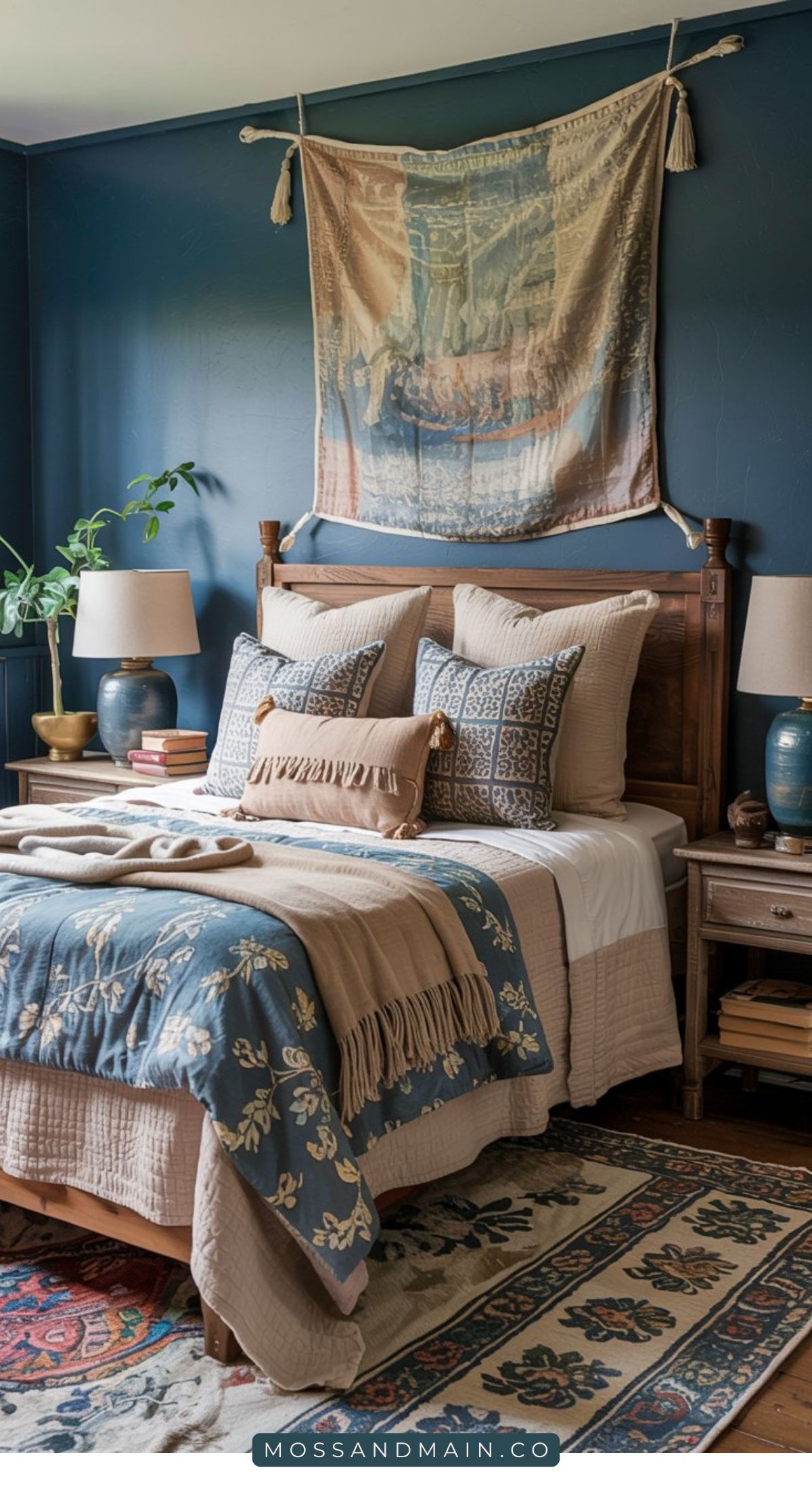 Cozy Storybook-Soft Bedroom with blue walls, a wooden bed layered in patterned blue and beige bedding, decorative pillows, side tables with lamps, a leafy plant, books, and a tapestry above the headboard.