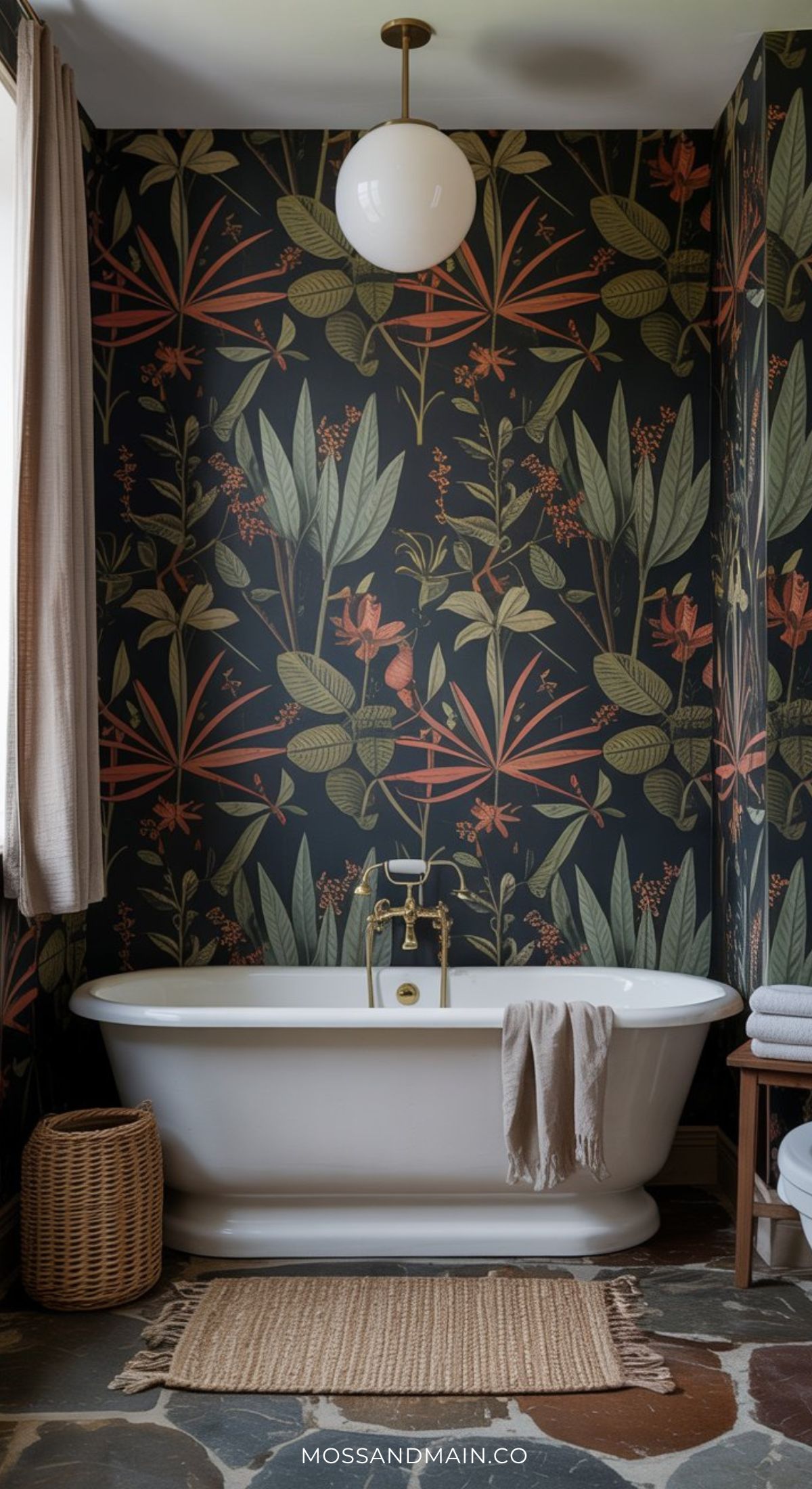 A white clawfoot bathtub sits in front of dramatic, dark floral wallpaper. A towel hangs on the tub, a wicker basket and bathmat are nearby, and natural light pours in—perfect inspiration for moody bathroom ideas.