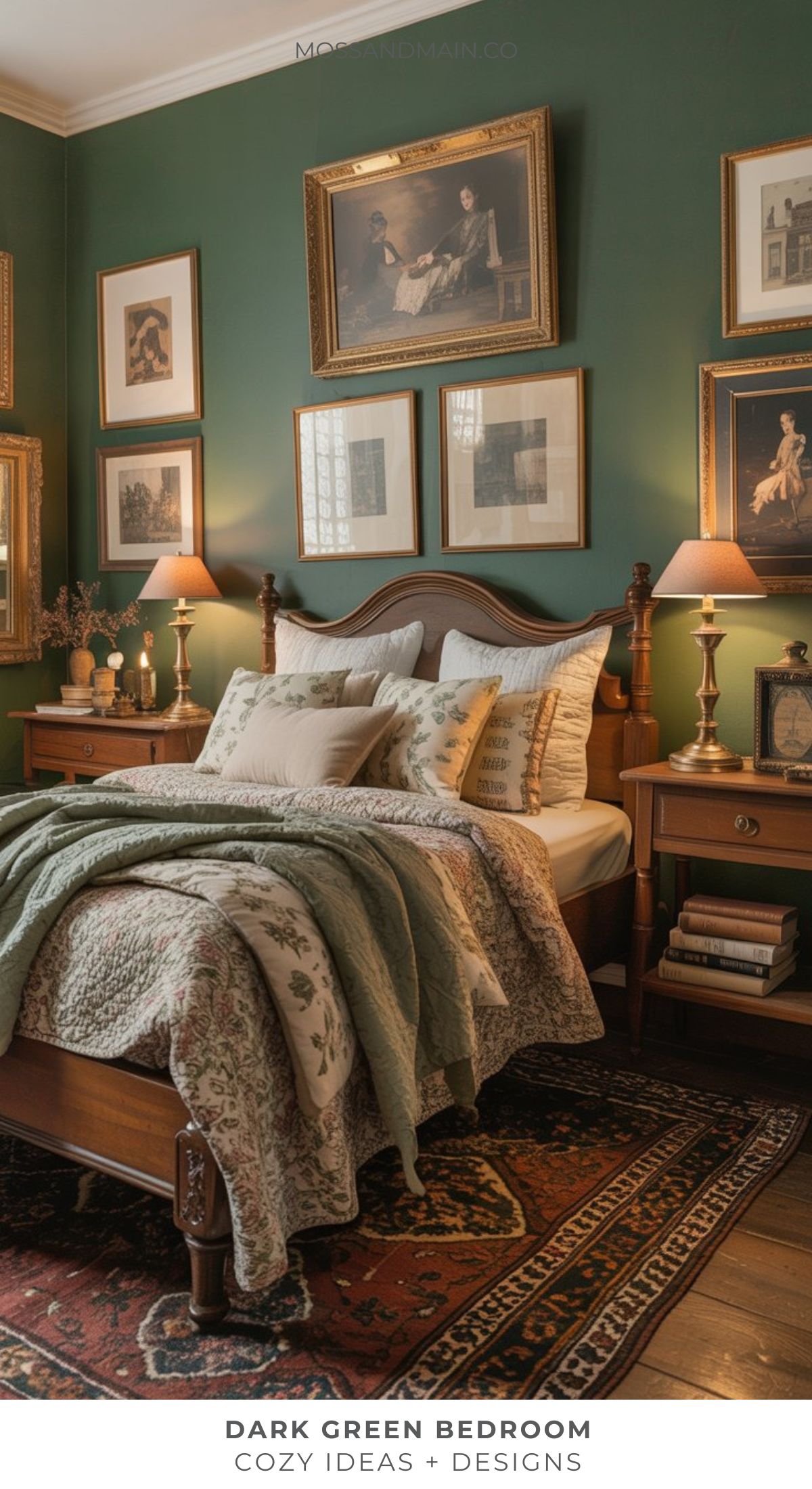 A cozy dark green bedroom with classic wooden furniture, a bed with patterned bedding, two bedside tables with lamps, framed art on the walls, and a decorative rug on the floor.