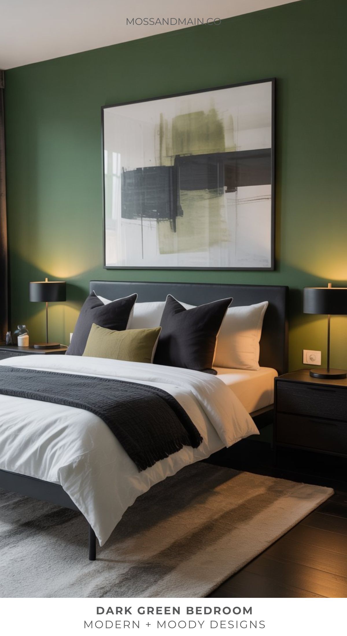 A modern Dark Green Bedroom with moody walls, a large abstract painting, a gray upholstered bed with contrasting bedding, two black nightstands, and sleek black table lamps for a sophisticated, stylish atmosphere.