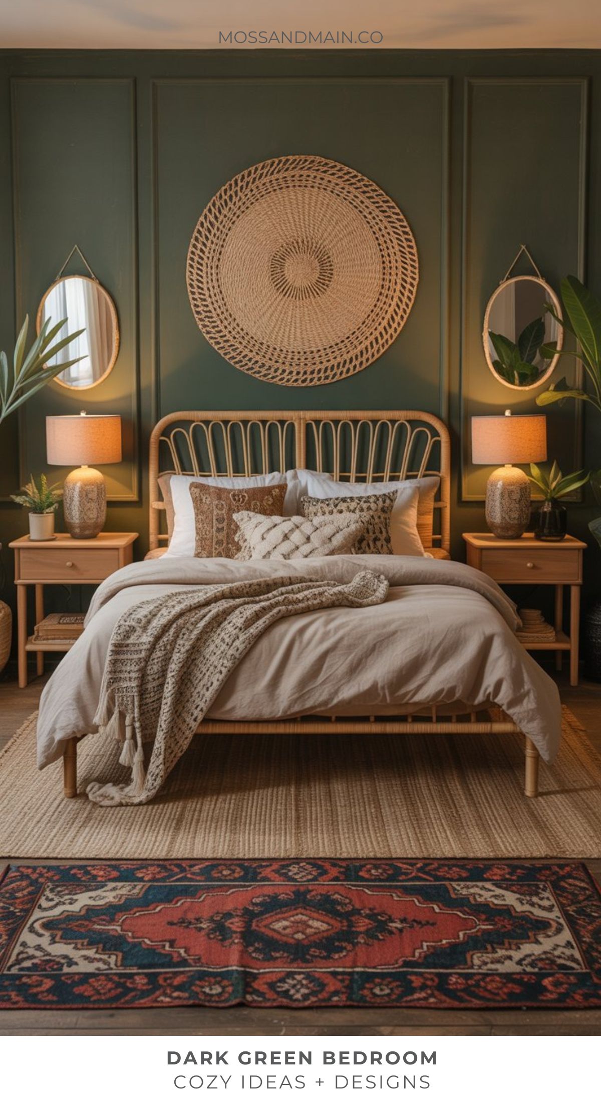 A cozy dark green bedroom with an accent wall, rattan bed frame, neutral bedding, woven throw, wooden nightstands with lamps, two oval mirrors, large woven wall art, plants, and a patterned rug.