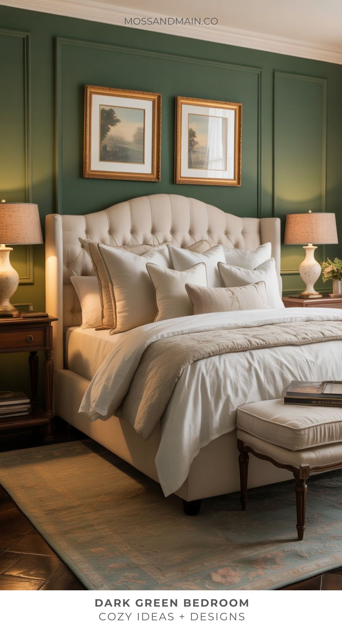 A cozy dark green bedroom with a tufted beige bed, plush bedding, paneled walls, two framed art pieces, matching lamps on wooden nightstands, and a cushioned bench at the bed’s foot.