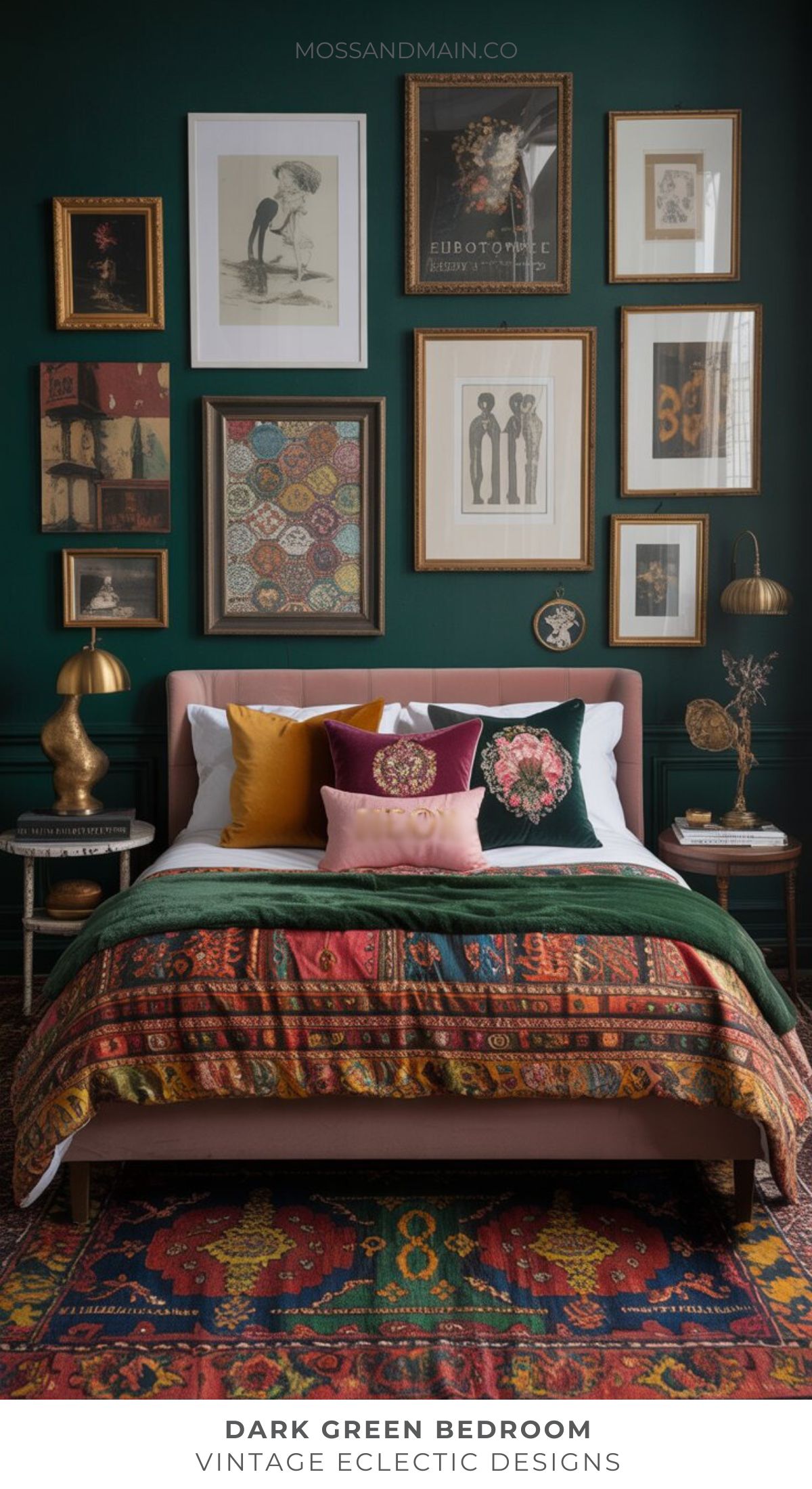 A dark green bedroom with a gallery wall of vintage art, a bed adorned with colorful pillows and a patterned quilt, brass lamps, and an eclectic rug creates a cozy, dark green bedroom with vintage-inspired charm.