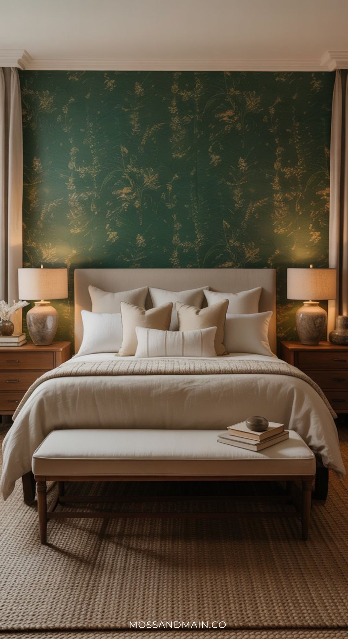 A cozy dark green bedroom features a bed with neutral bedding and multiple pillows, flanked by wooden nightstands with matching lamps. A green botanical accent wall and a bench with books complete the warm, inviting space.