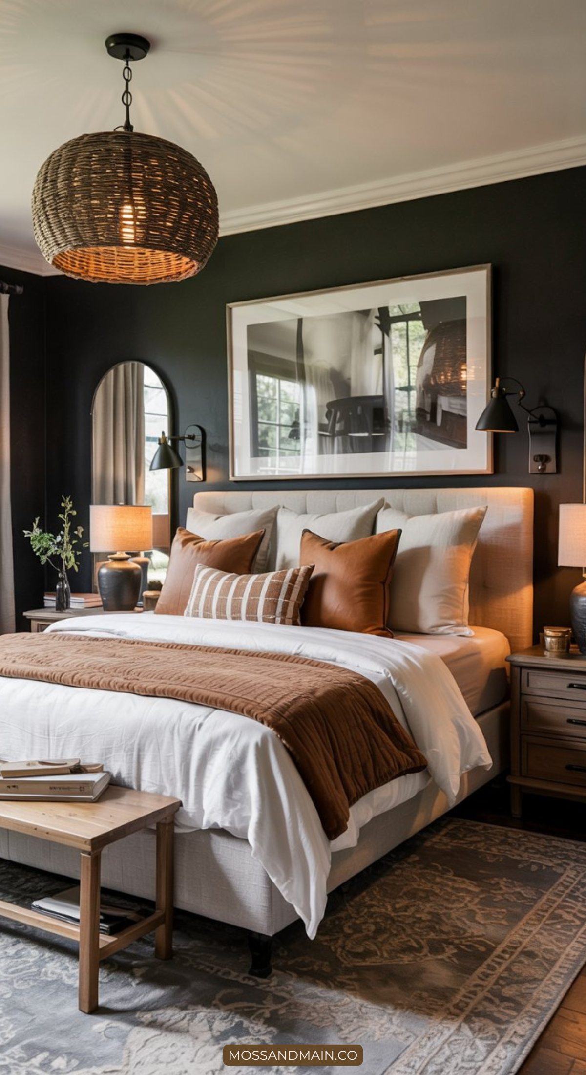 A modern farmhouse bedroom with dark walls, a beige upholstered bed, cozy brown and white bedding, matching pillows, wooden side tables with lamps, a wicker pendant light, a bench, and a large framed photo above the bed.