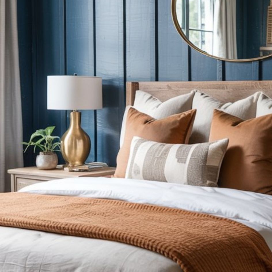 A cozy bedroom with a wooden bed, brown and beige pillows, a rust-colored blanket, and a gold lamp blends modern farmhouse bedrooms style with warmth. A small plant on the nightstand and a round mirror on a blue paneled wall complete the look.