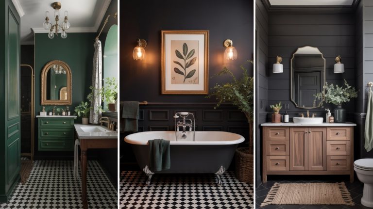 A collage of three stylish bathrooms: a cozy bathroom with green walls and a gold mirror, a dramatic bathroom with black walls and a clawfoot tub, and one with wood cabinets and black shiplap. All feature patterned tile floors and elegant decor.