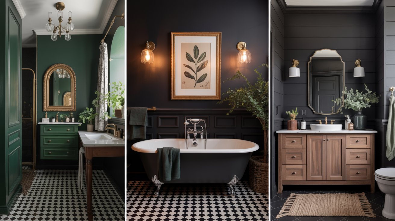 A collage of three stylish bathrooms: a cozy bathroom with green walls and a gold mirror, a dramatic bathroom with black walls and a clawfoot tub, and one with wood cabinets and black shiplap. All feature patterned tile floors and elegant decor.