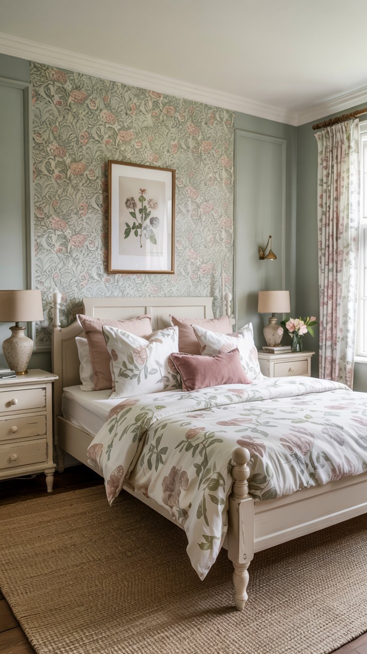 A storybook bedroom featuring a bed with floral bedding and lamps creates a dreamy, whimsical retreat.