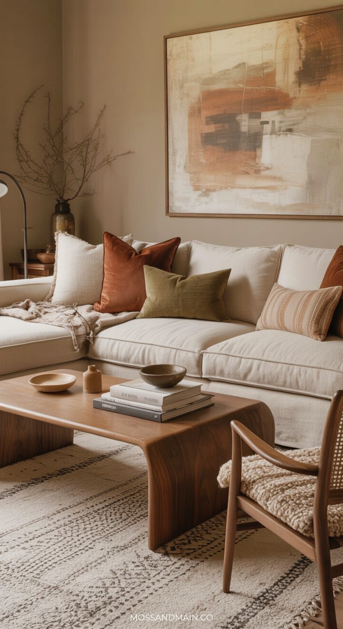 A cozy natural aesthetic defines this living room, with a cream sofa, earth-tone pillows, a wooden coffee table topped with books and bowls, a textured rug, and abstract wall art. Dried branches in a vase add to the earthy decor.