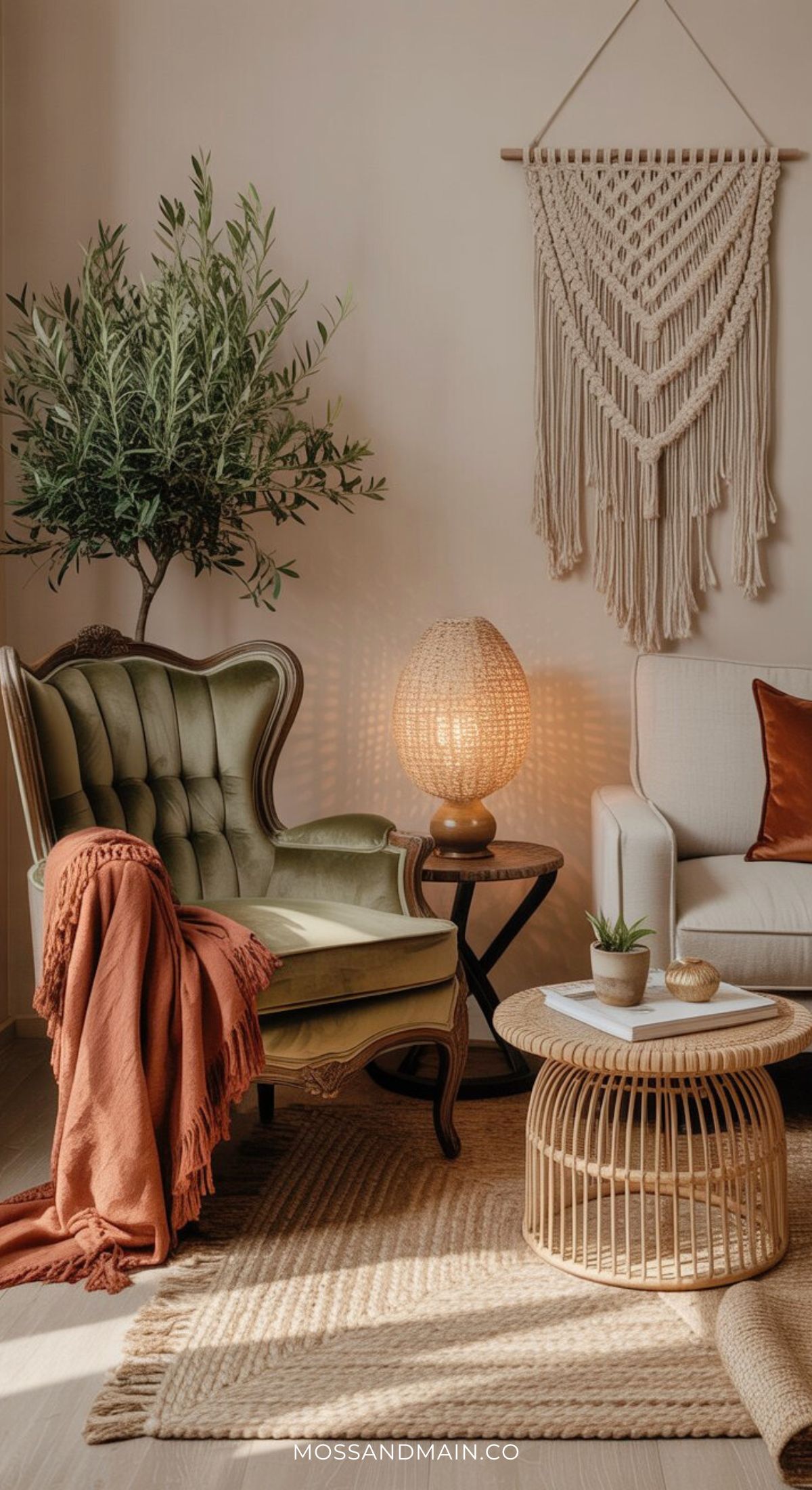 A cozy green living room with an olive armchair and rust-colored throw, a white sofa with brown pillows, woven coffee table, rattan lamp, large plant, and a macrame wall hanging—perfect for earthy living room ideas.