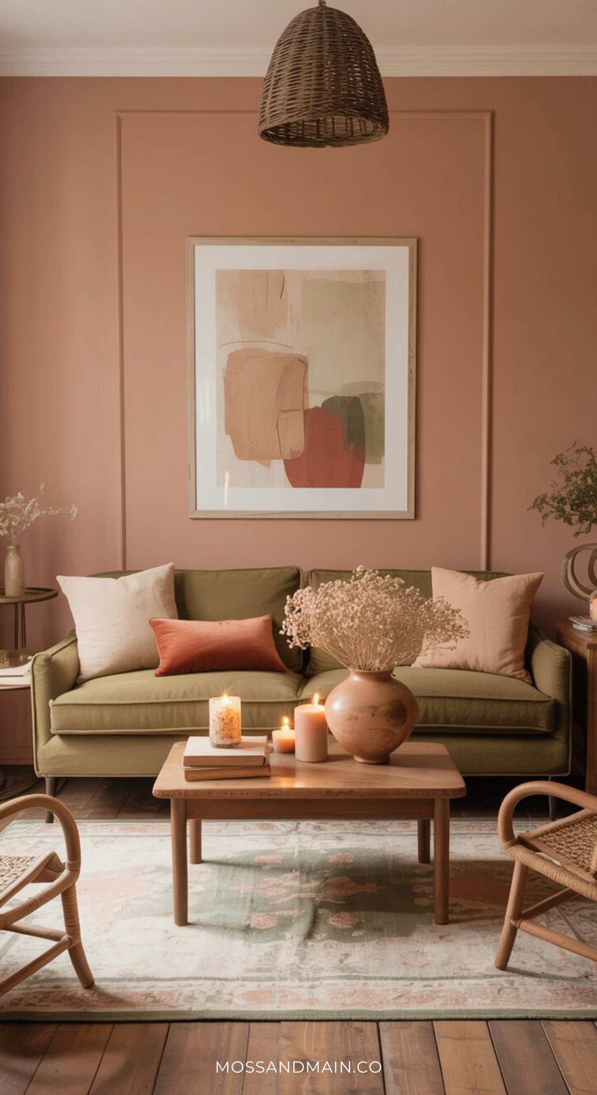 A cozy living room with an olive green sofa, neutral and rust-colored pillows, a wooden coffee table topped with candles and dried flowers, rattan chairs, and a modern abstract painting on a peach-toned wall.