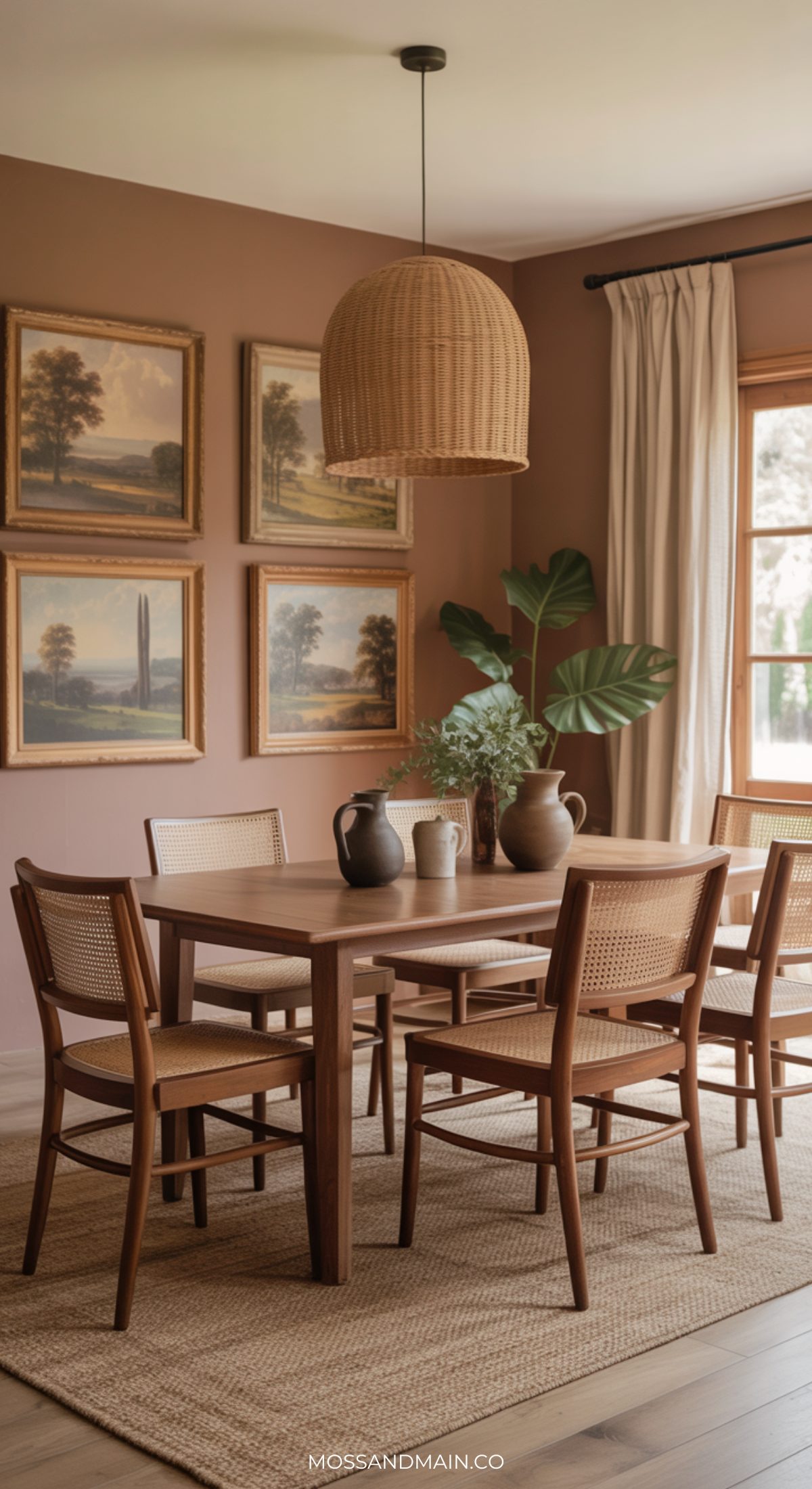 A cozy, elegant earthy dining room with a wooden table, cane-backed chairs, a woven pendant light, framed landscape art on a taupe wall, a large leafy plant, and natural light streaming through a curtained window.