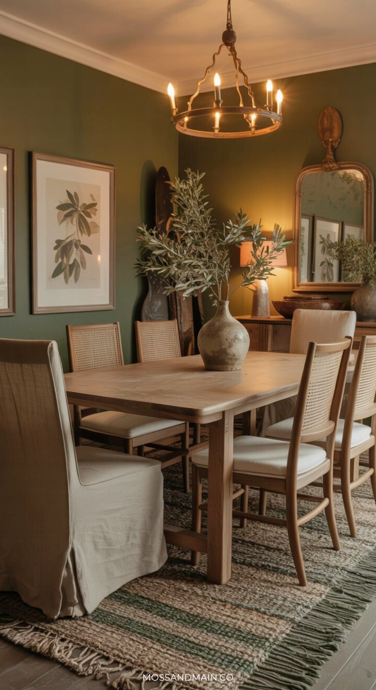 A cozy, stylish dining room with a wooden table, six mixed-style chairs, green walls, botanical artwork, a large mirror, potted plants, a woven rug, and a round chandelier with candles creates the perfect warm and earthy dining room retreat.