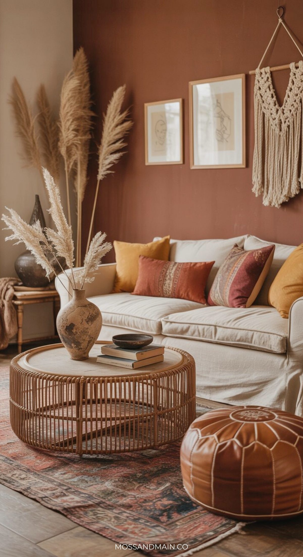 Boho-style, earthy living room with a beige sofa, earth-toned pillows, rattan coffee table, brown leather pouf, dried pampas grass in a vase, framed art, and woven wall hanging accenting a warm terracotta wall for a cozy natural aesthetic.