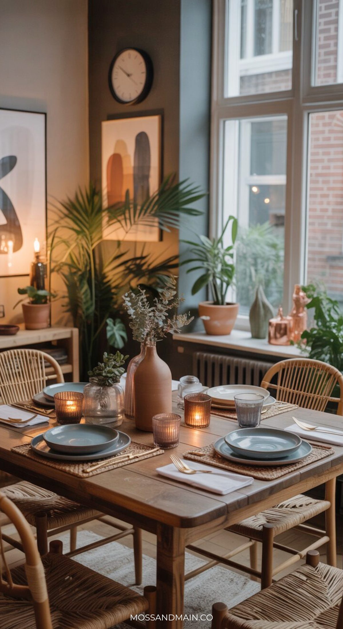 A cozy, stylish dining room with a wooden table set for four, rattan chairs, candles, a ceramic vase with foliage, indoor plants, and large windows. Warm Dining Rooms decor and modern-art prints create an inviting space filled with natural light.