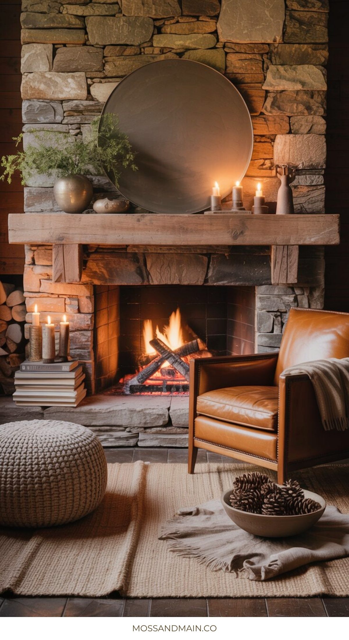 A cozy living room with a stone fireplace, lit candles, and stacked firewood embraces earthy living room ideas. A leather armchair, knitted pouf, books, and a bowl of pinecones on a woven rug complete the natural aesthetic.
