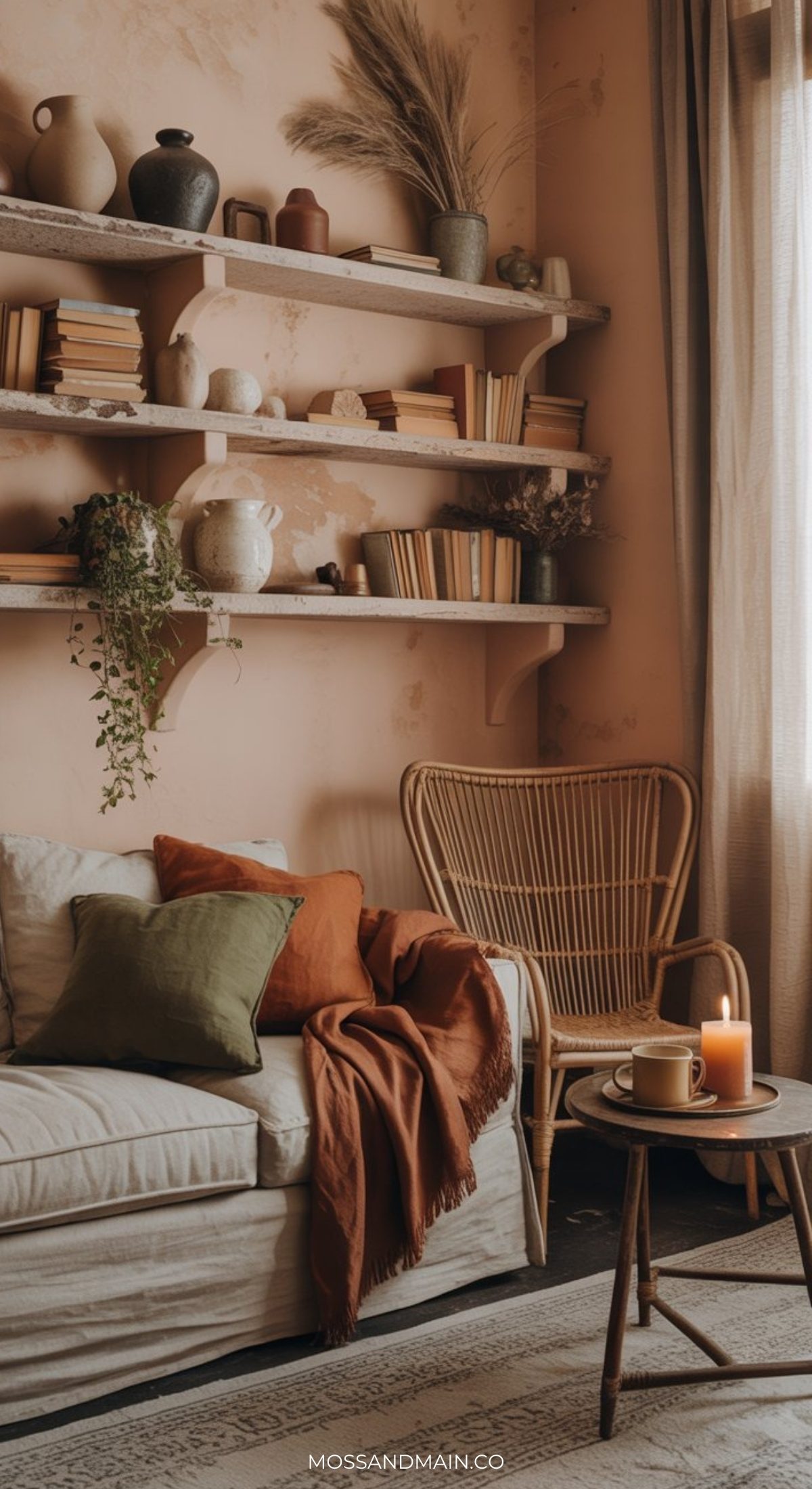 Earthy living room with a white sofa, green and rust pillows, an orange throw, wicker chair, shelves with books and vases, a small table holding a mug and candle, and soft natural light completing the cozy aesthetic.