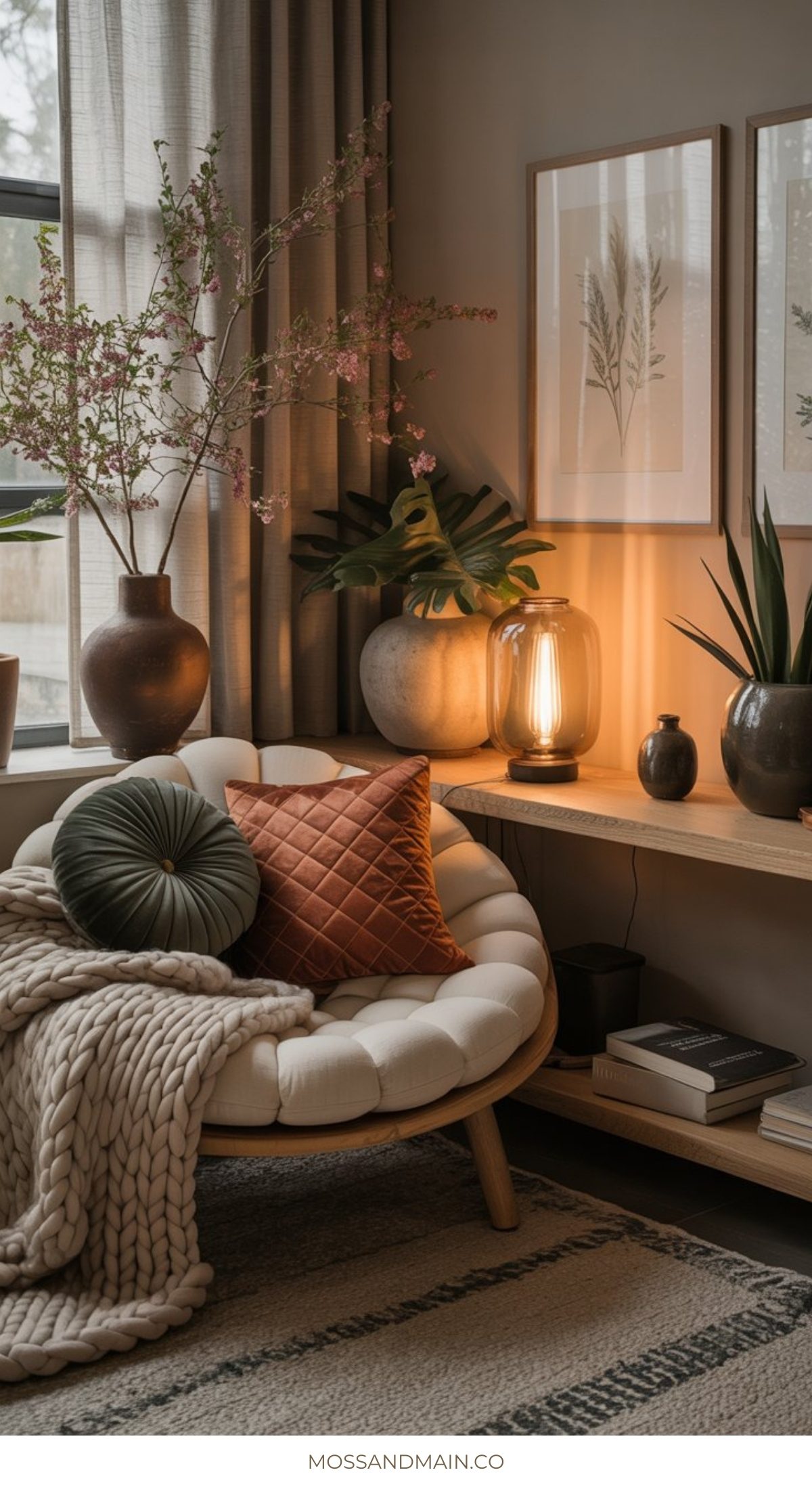 A cozy reading nook with a round cushioned chair, knit throw, decorative pillows, plants, framed botanical art, and a glowing lamp embodies cozy natural aesthetic—perfect for those who love slow living and earthy living room ideas by the window.