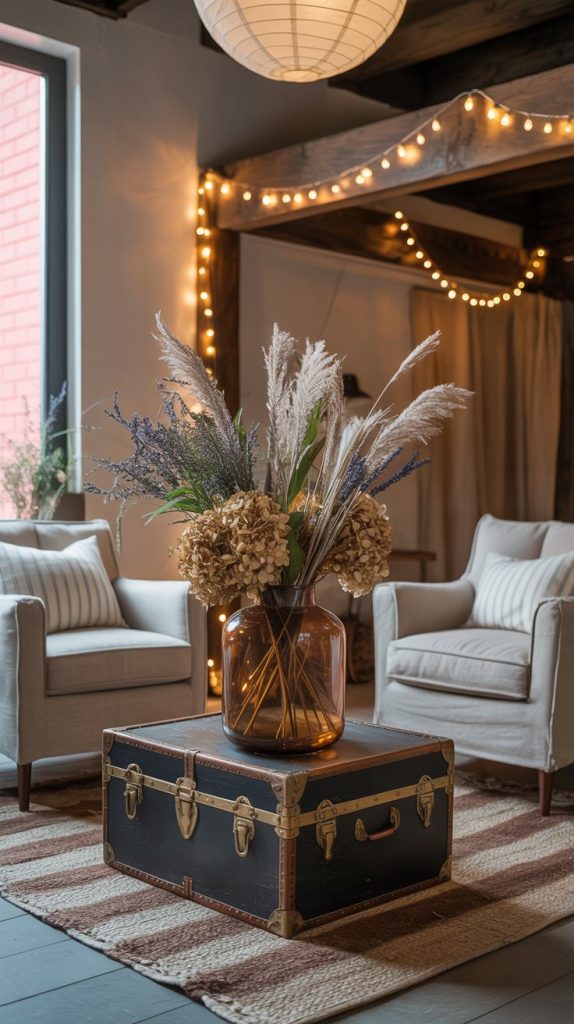 An earthy living room with two cream armchairs, a black vintage trunk as a coffee table, and a large vase of dried flowers. String lights hang from wooden beams, adding to the cozy aesthetic and inviting atmosphere.