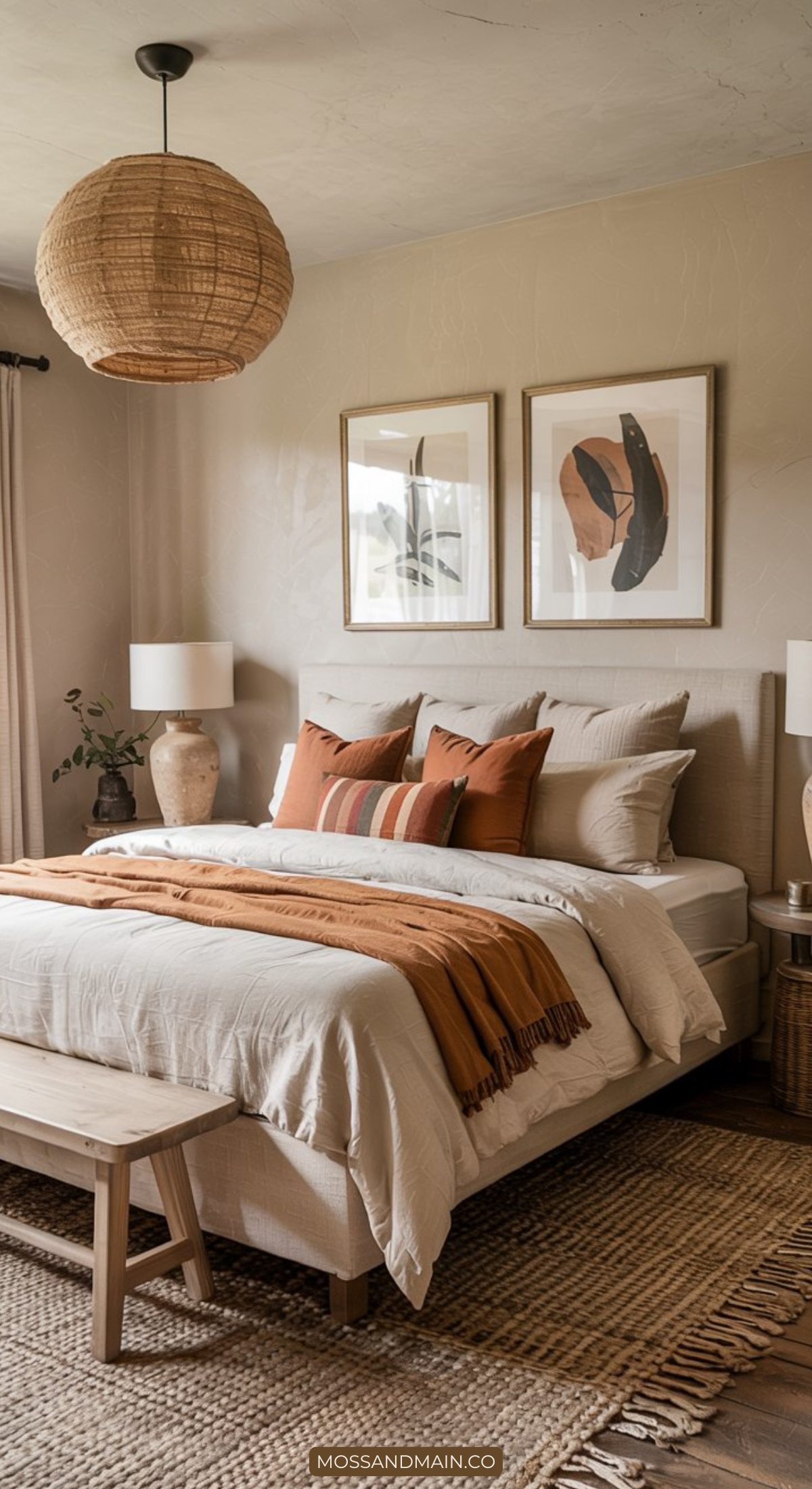 A cozy bedroom with a neutral color palette, featuring a bed with layered beige and rust bedding, a wood bench, wicker rug, matching bedside tables, and modern abstract art—a perfect example of cozy bedrooms in the modern farmhouse style.