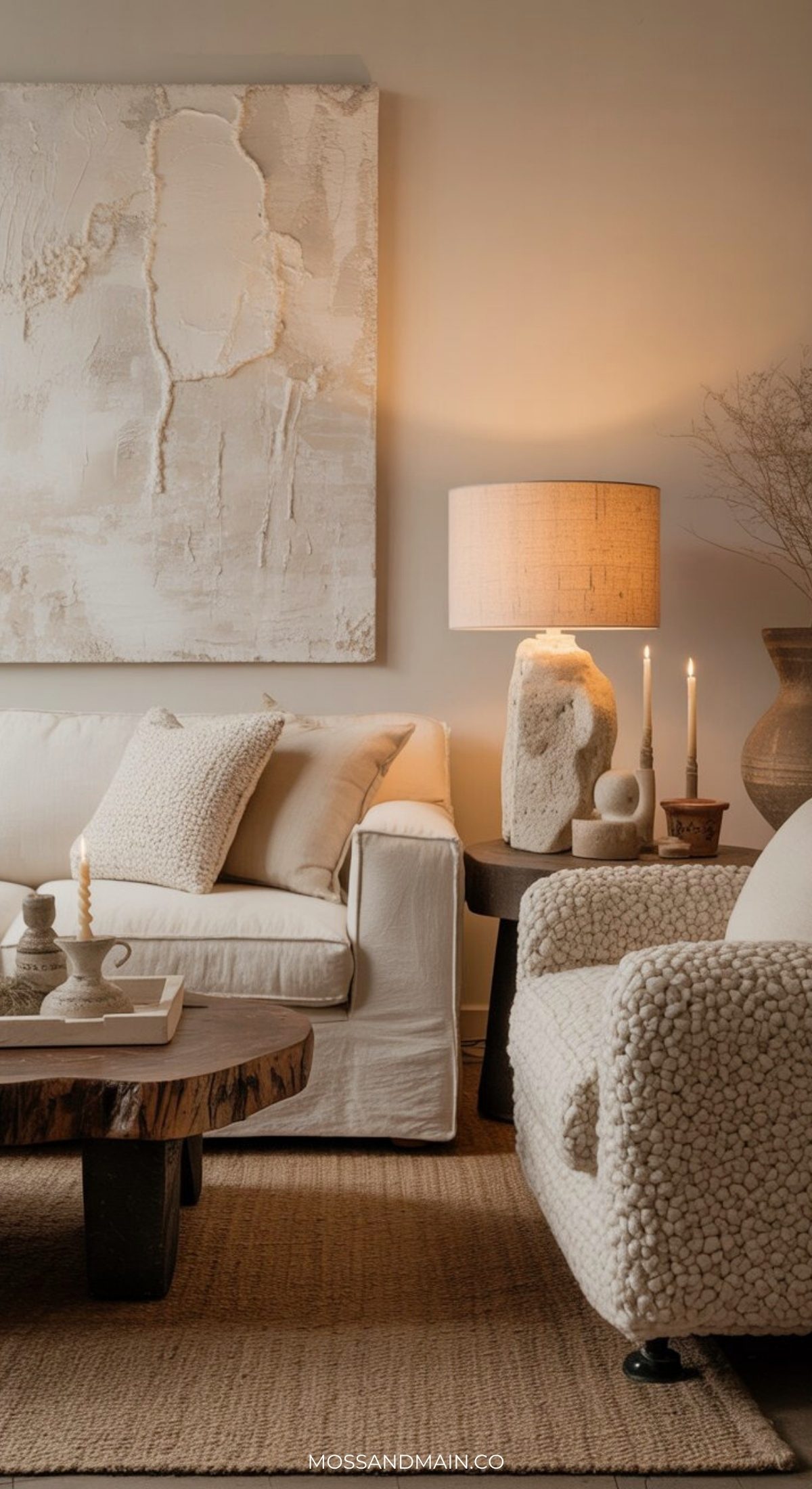A cozy living room with a white sofa, textured armchair, wooden coffee table, and neutral decor embodies natural aesthetic. Two lit candles, a rustic lamp, and abstract wall art in soft tones offer fresh earthy living room ideas.