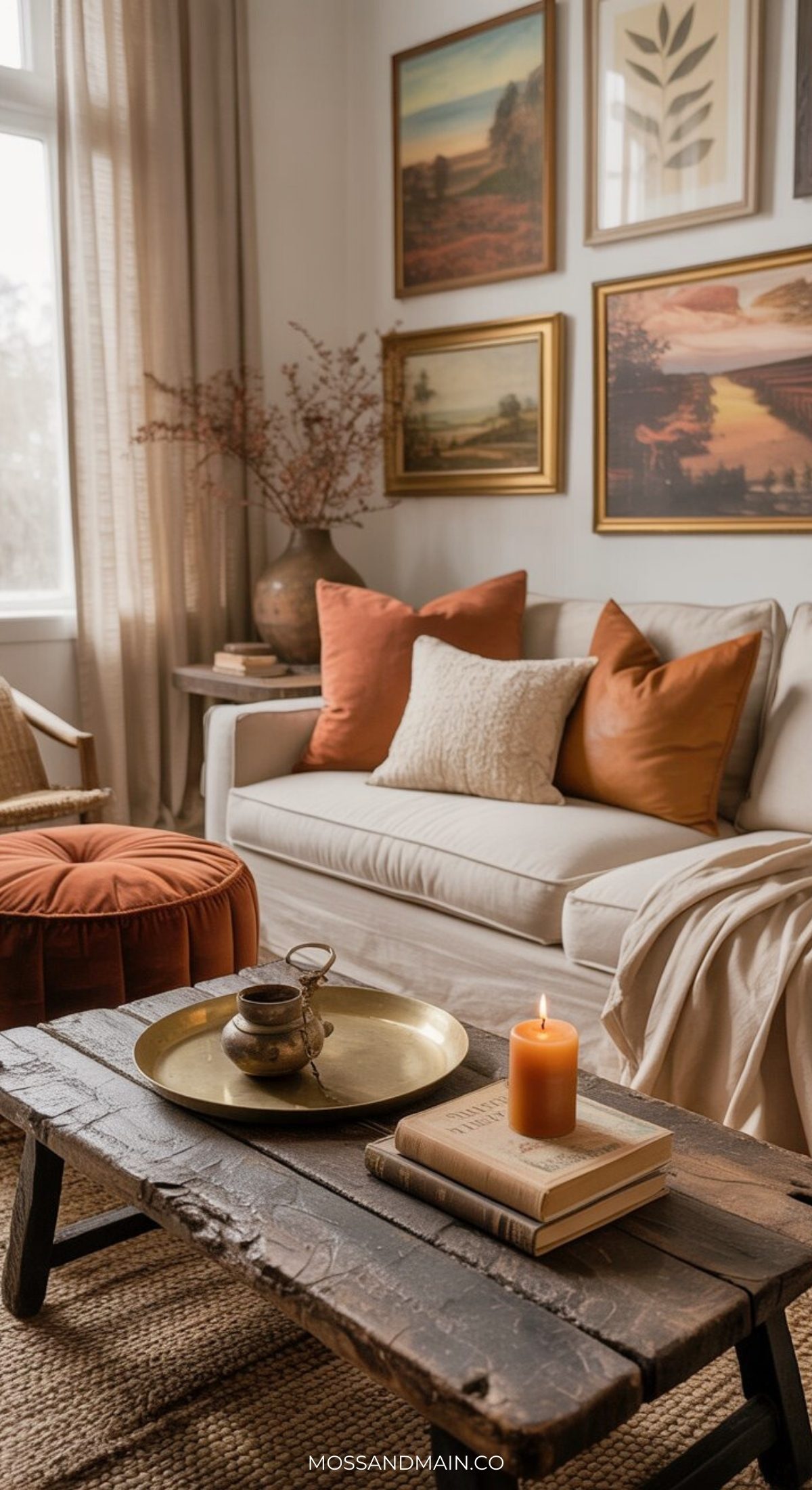 A cozy, earthy living room with a beige sofa, orange and cream pillows, a matching ottoman, and rustic wooden coffee table. A lit candle, brass tray, books, and framed art enhance the natural aesthetic as sunlight streams through the window.