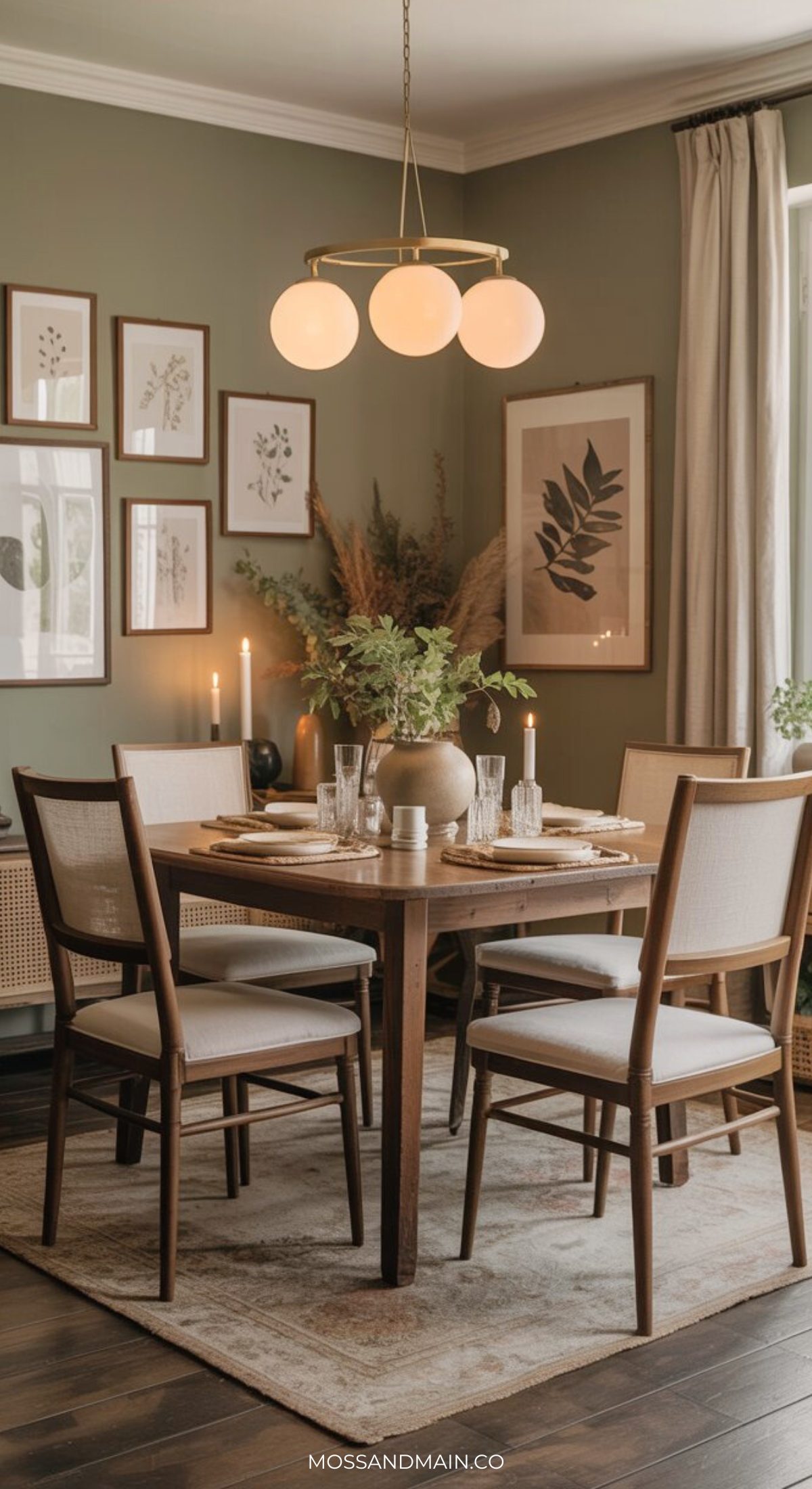A cozy, elegant dining room with a round wooden table, four cushioned chairs, an earthy rug, and botanical wall art. A modern chandelier hangs overhead while greenery in a vase enhances the earthy decor. Soft natural light fills the space.