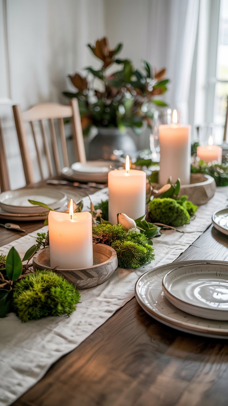 A wooden dining table set with white plates, linen napkins, and a spring-inspired centerpiece featuring lit candles, green moss, and leafy branches—perfect for cozy dining room gatherings or Easter centerpiece ideas.