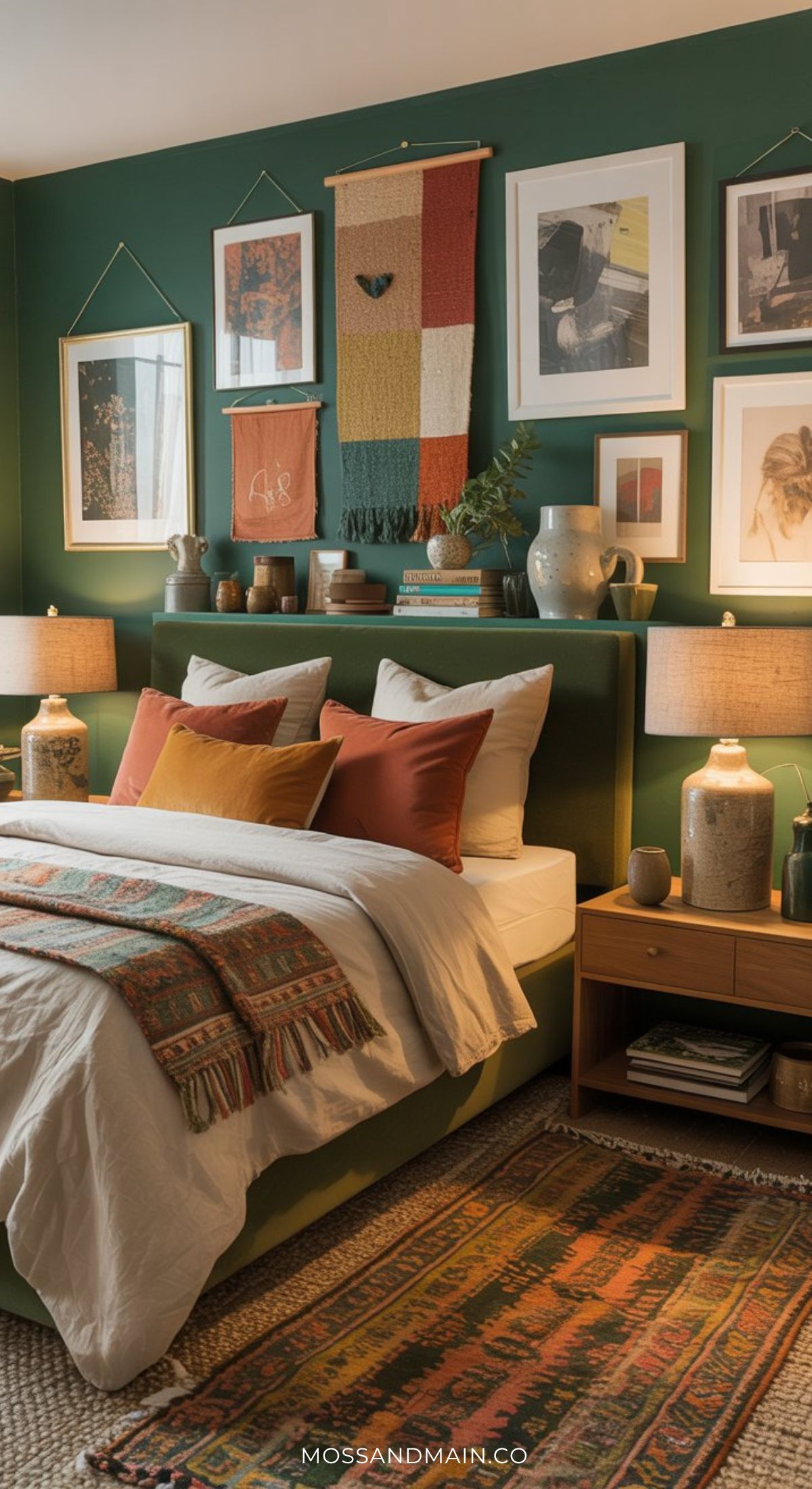 A cozy dark green bedroom with a bold accent wall, a bed with white and orange bedding, and a colorful woven blanket. Artwork and tapestries hang above the bed, while two nightstands with lamps and vases flank it. A patterned rug warms the floor.