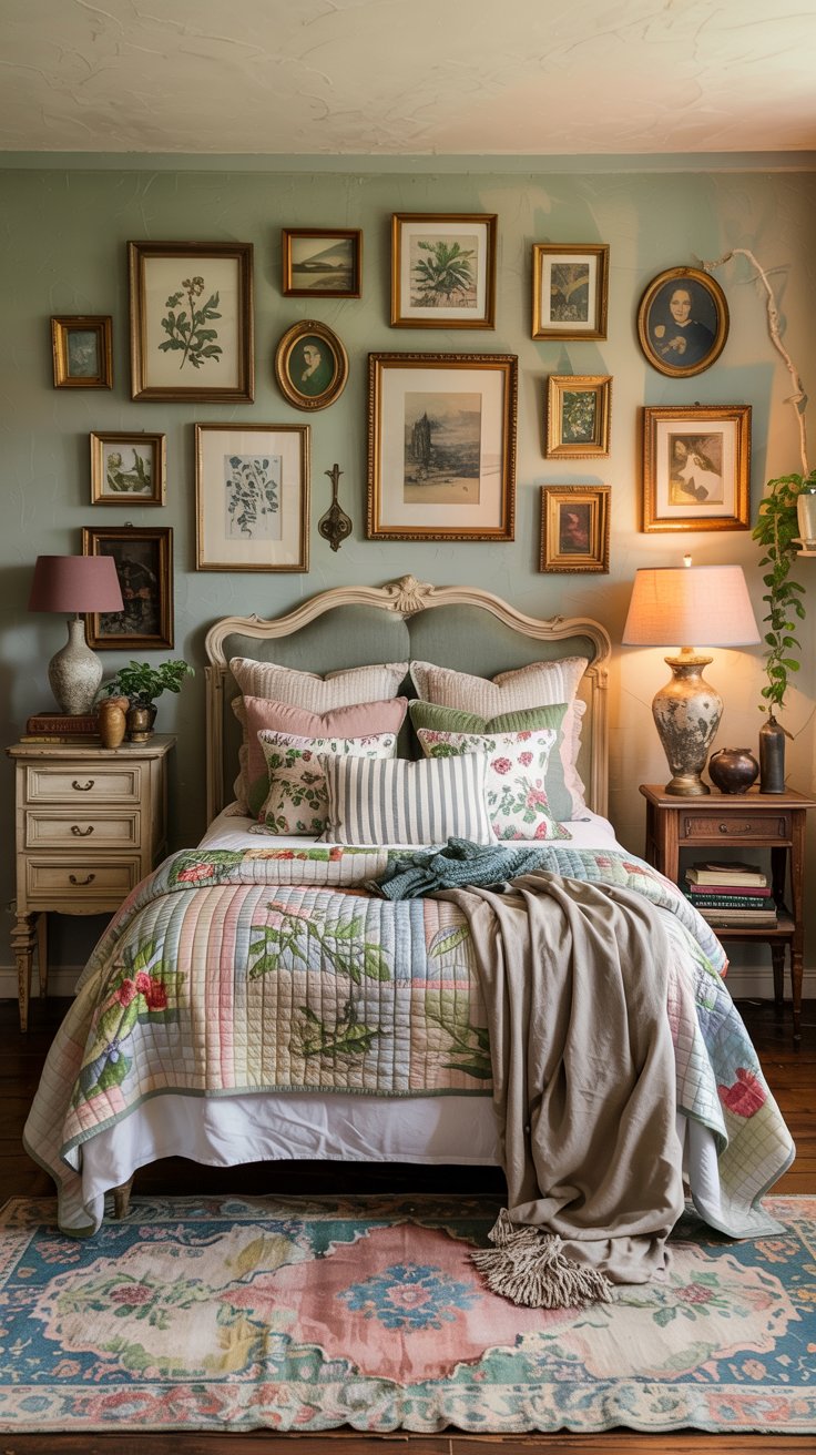 A cozy, vintage-style sage green cottagecore bedroom with a floral quilt on the bed, decorative pillows, a throw blanket, bedside tables with lamps, and a gallery wall of framed art and portraits above the bed.
