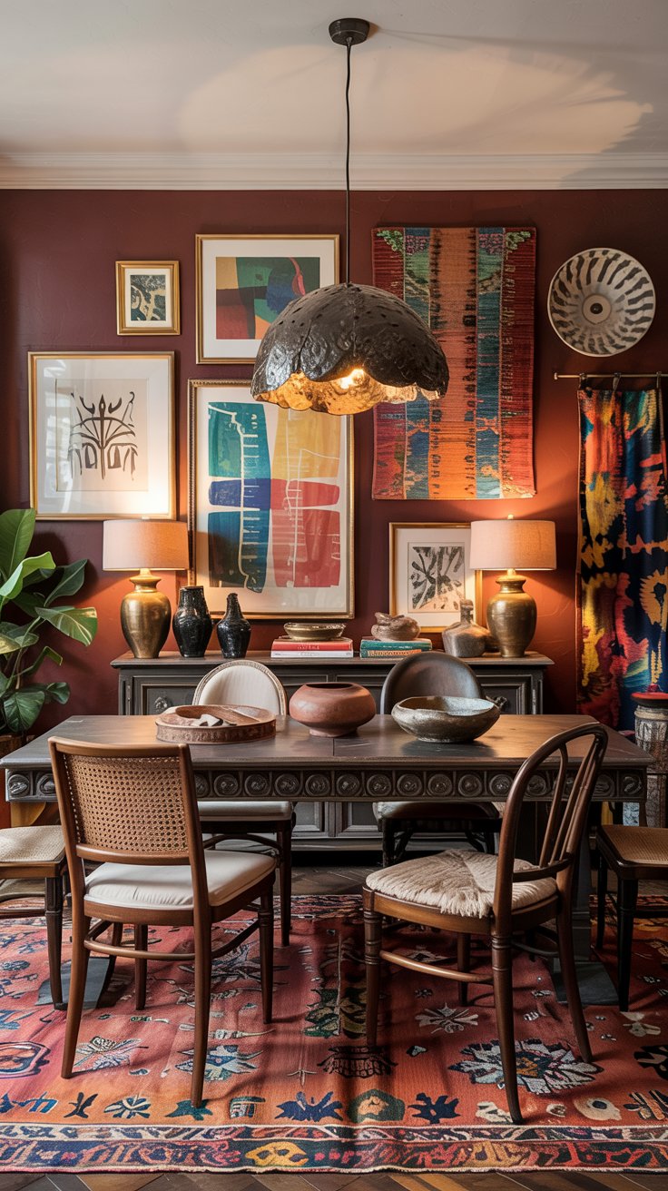 A burgundy dining room with eclectic décor features a dark wooden table, mismatched chairs, vibrant rugs and wall art, warm lighting, and decorative vases, creating a cozy, artistic atmosphere.