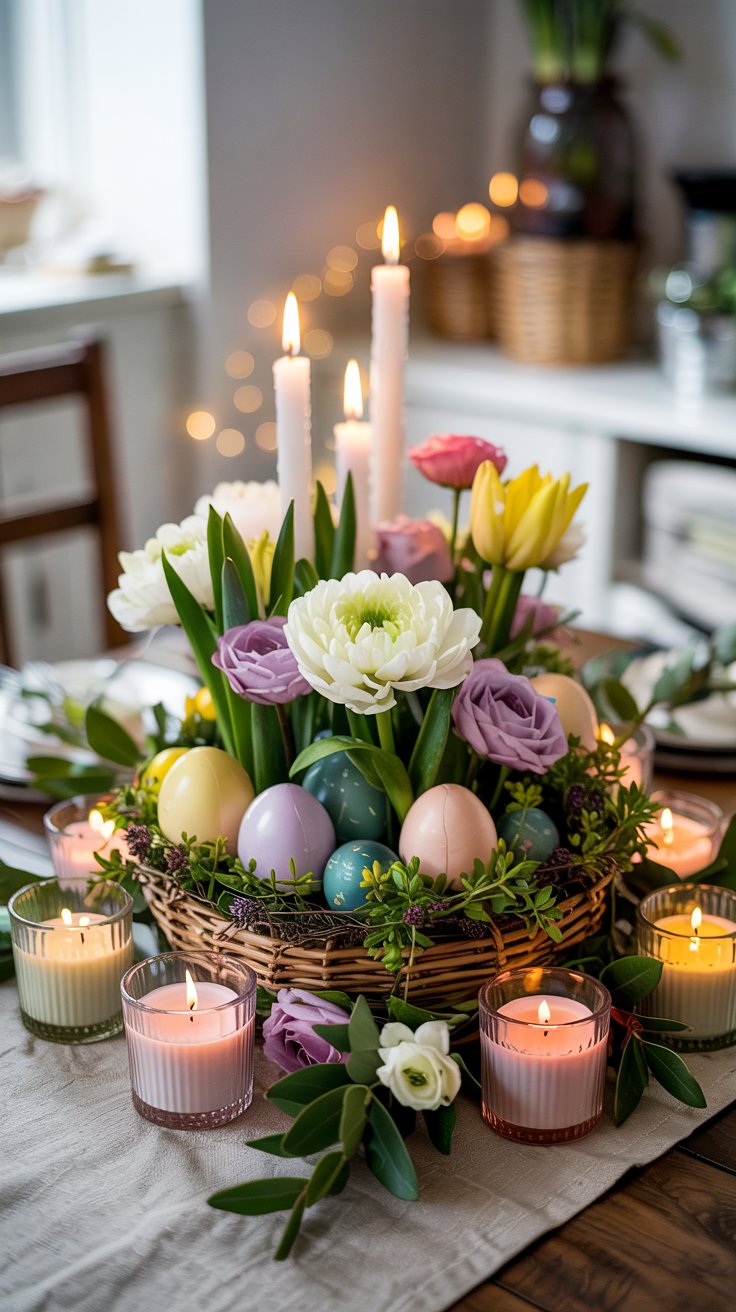 A festive Easter centerpiece idea for your dining room, featuring a wicker basket filled with colorful eggs, spring flowers, and surrounded by greenery. Three tall candles and soft lighting add warmth and a cozy atmosphere to your gathering.
