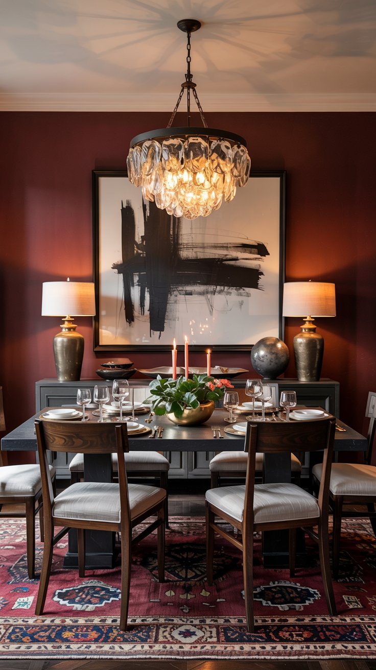 A stylish burgundy dining room with a modern chandelier, dark wood table set for six, abstract black-and-white art, two brass lamps, red walls, and a patterned rug creates a warm and elegant atmosphere.