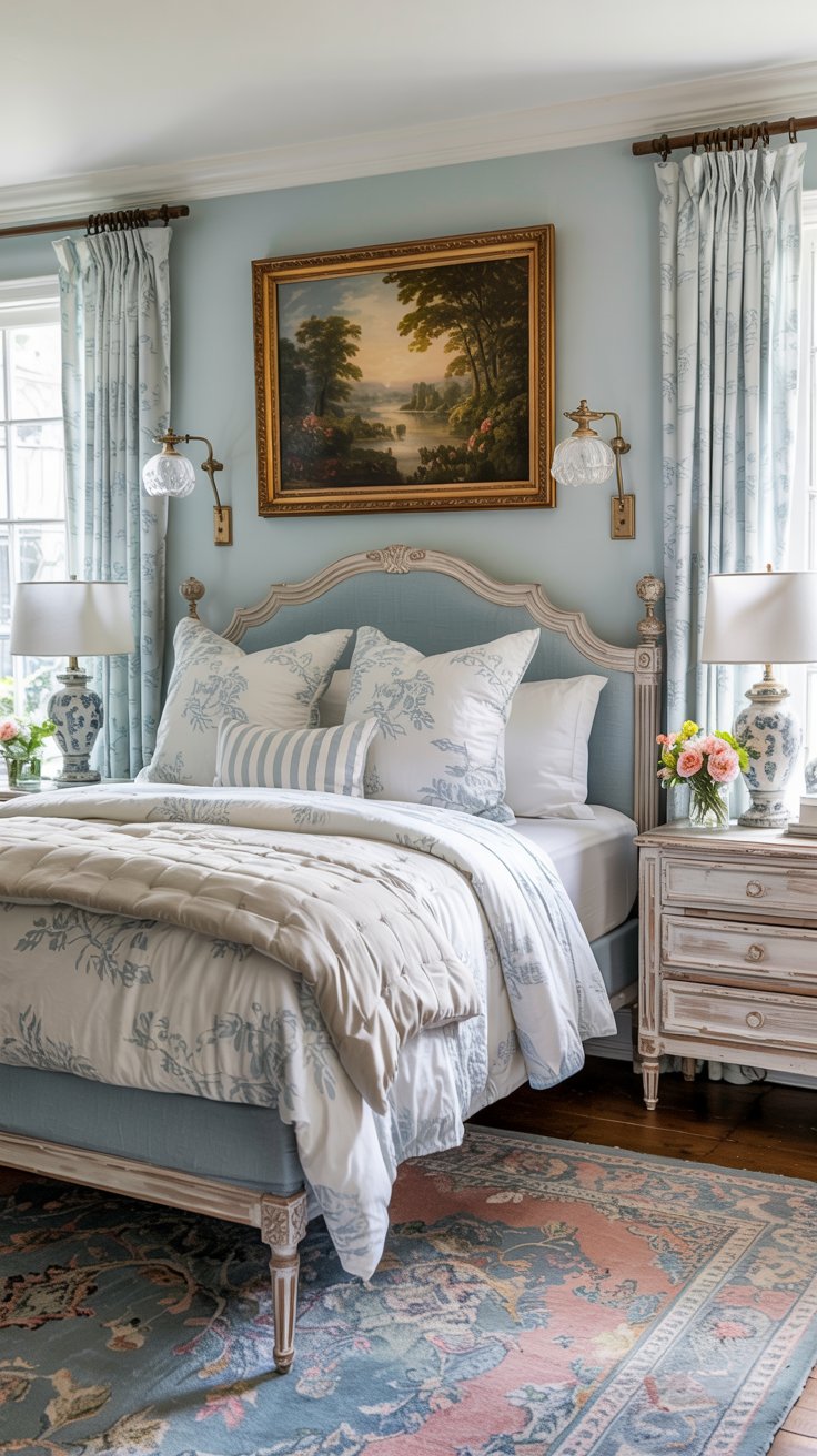 A cozy bedroom with a vintage-style bed, floral bedding, and classic lamps captures the essence of a blue cottagecore bedroom. Pale blue walls, long curtains, a floral rug, and fresh flowers on the nightstand complete this charming retreat.