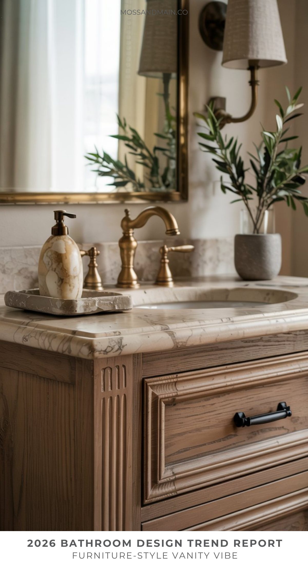 A stylish bathroom vanity with a marble countertop, brass faucet, potted plant, and mirror above—perfect for bathroom inspiration and exploring Pinterest bathroom ideas. The wood cabinetry offers a classic, elegant design.