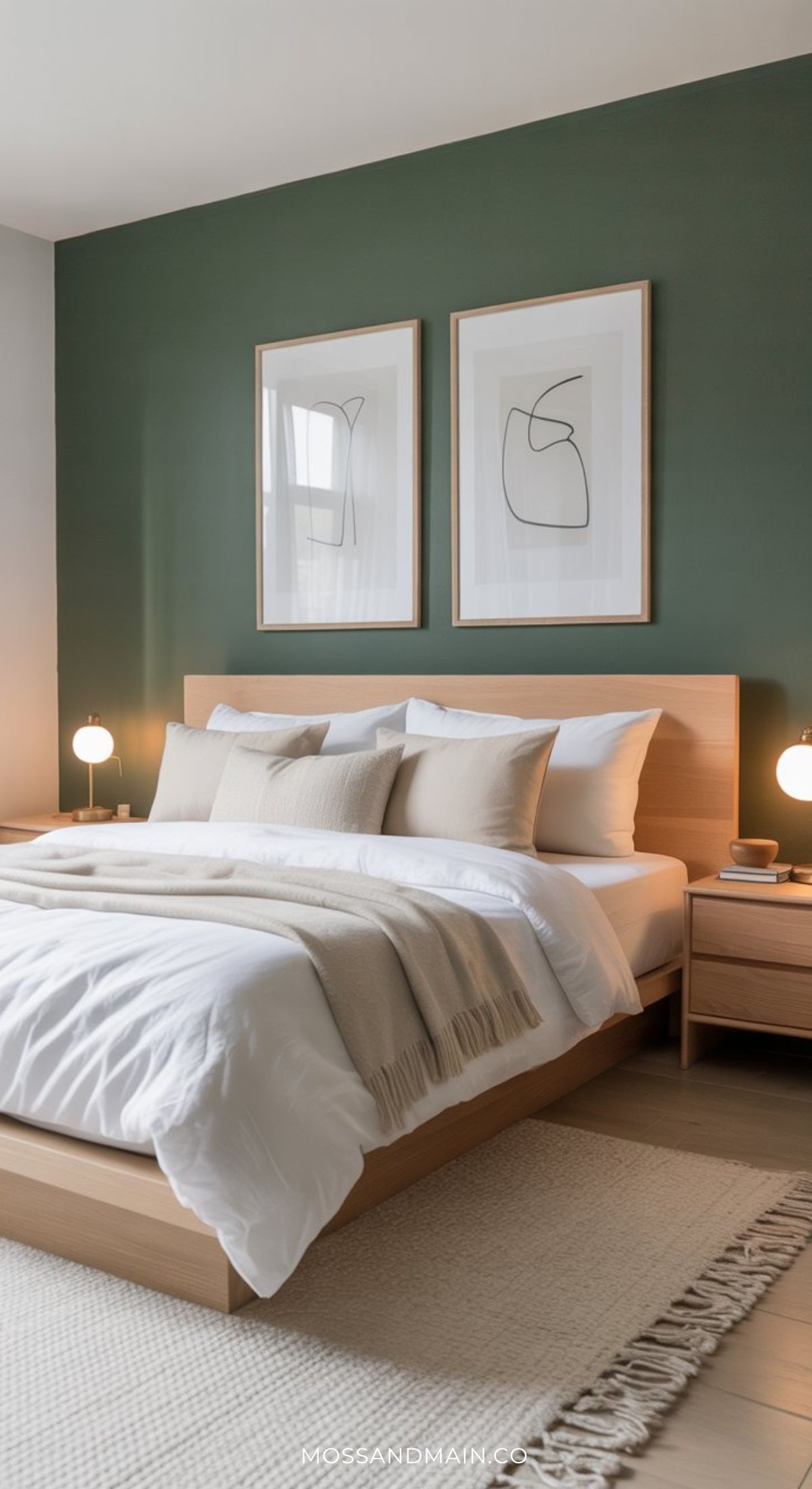 A modern dark green bedroom with a wooden bed frame, white and beige bedding, two minimalist art prints on a green accent wall, bedside tables with lamps, and a textured rug on a light wood floor.