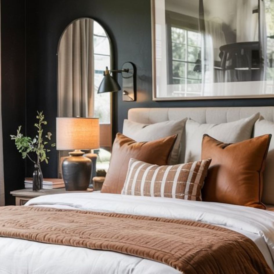 A cozy bedroom with a beige upholstered headboard, brown and white pillows, a brown quilt, a bedside table with a lamp and plant, a wall mirror, and large framed artwork—perfect inspiration for modern farmhouse bedrooms.