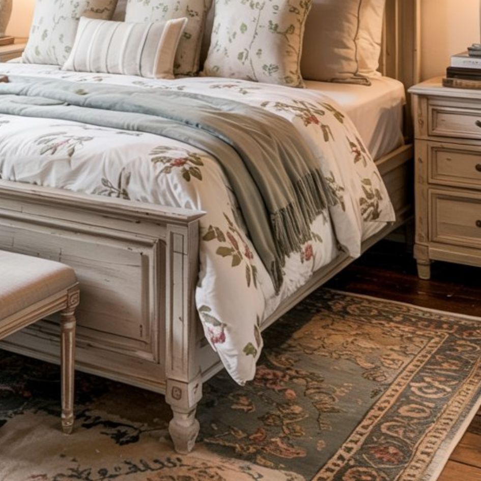 A cozy modern farmhouse bedroom with a floral comforter on a wooden bed, light blue throw, patterned rug, matching nightstand and bench, and stacked pillows arranged neatly.