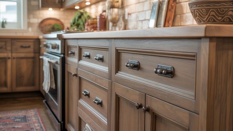 Close-up of rustic wooden kitchen cabinets with dark metal handles, a patterned rug, and a countertop adorned with pottery—this warmly lit space blends high-end style with budget-friendly touches, perfect for your next kitchen remodel inspiration.