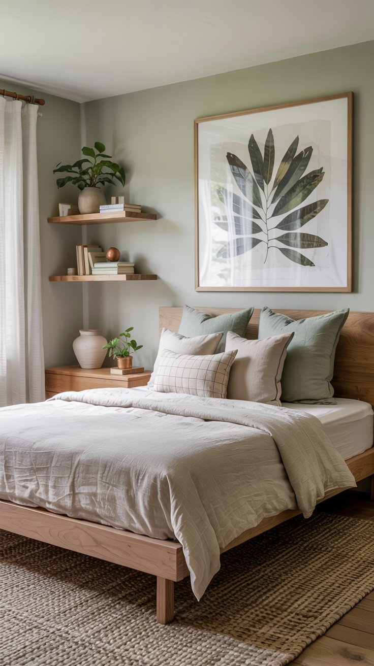 A cozy cottagecore bedroom with a wooden bed, neutral bedding, decorative pillows, and a sage green botanical print above the headboard. Floating shelves with plants and books add charm as natural light streams in through sheer curtains.